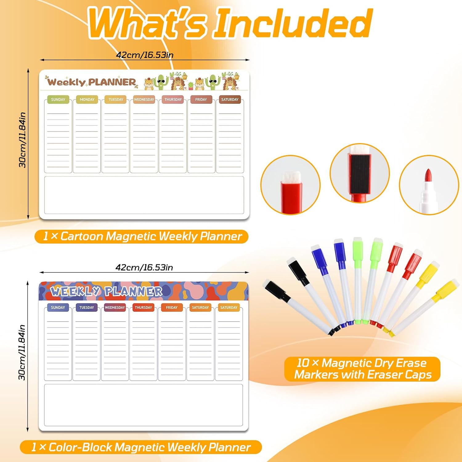 Detalle de 2er-Set magnetischer Wochenplaner Whiteboard 42 × 30 cm – Familien- und Haushaltsplaner für Kühlschrank, Putzplan, To‑Do-Liste