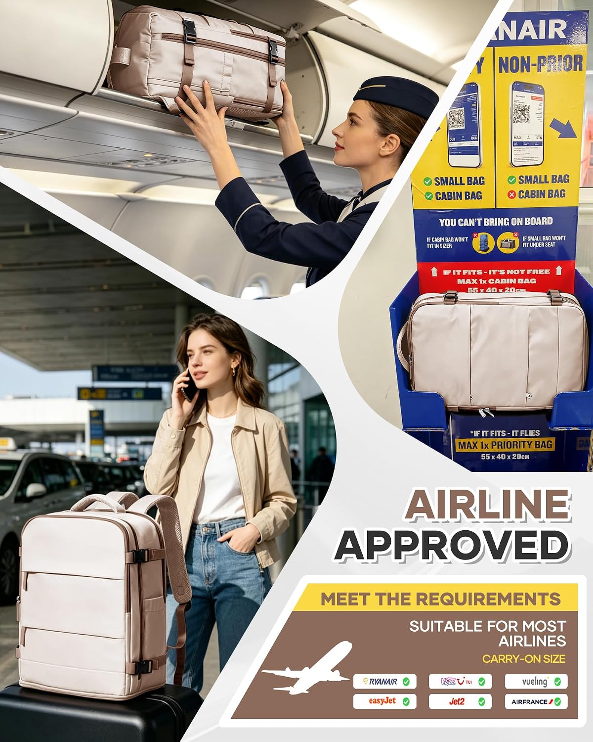 Detalle de SZSYCN Sac à Dos Voyage Cabine Avion 40×30×20 cm — Compatible Ryanair et EasyJet, avec Compartiment Portable 16