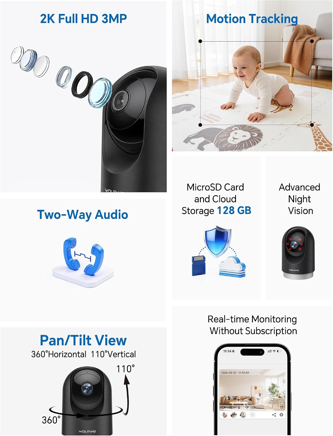Detalle 2 de WOLFANG 2K Indoor Camera: 2-Pack Pet Camera with Motion Detection and Night Vision