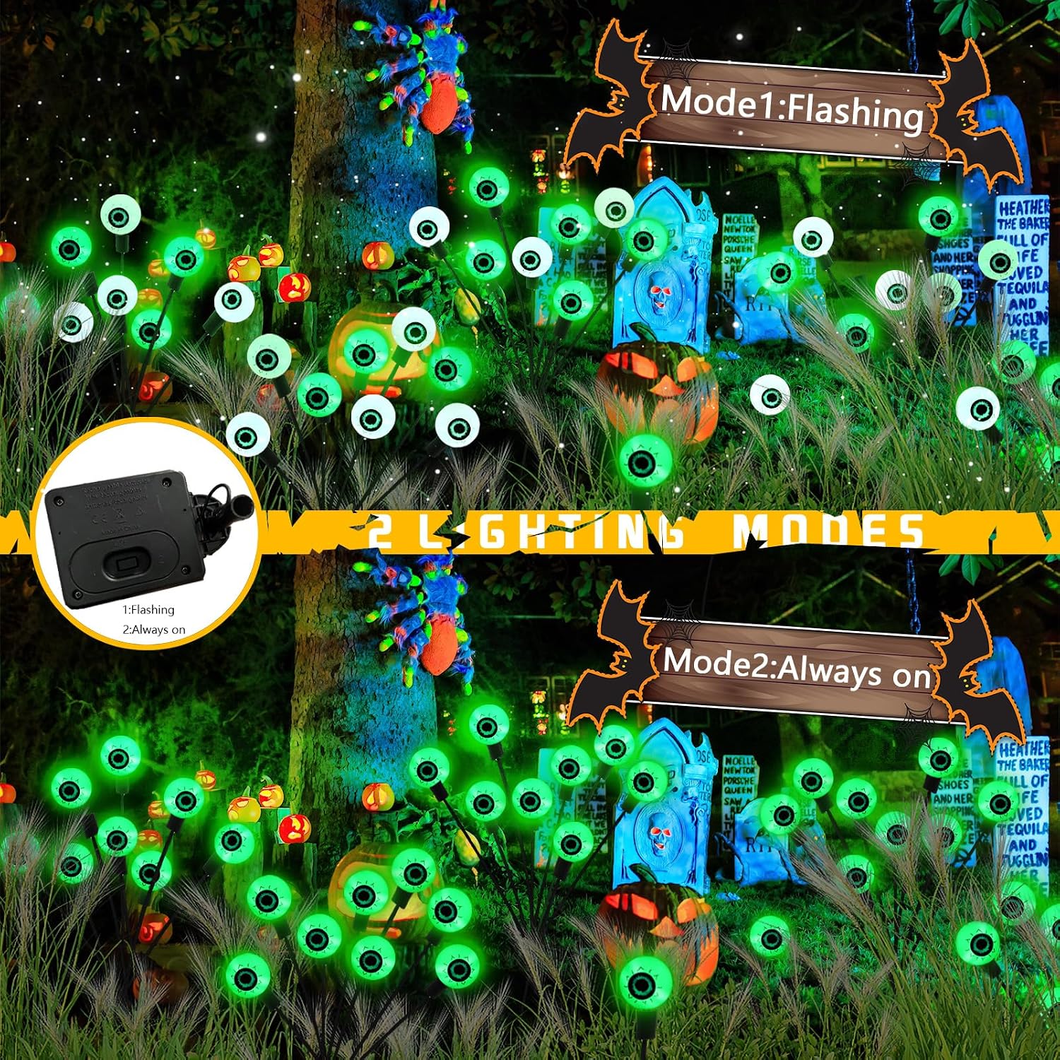 Detalle de KBG Solar Scary Eyeball Lights, 2-Pack Green Halloween Decor, 16 LEDs