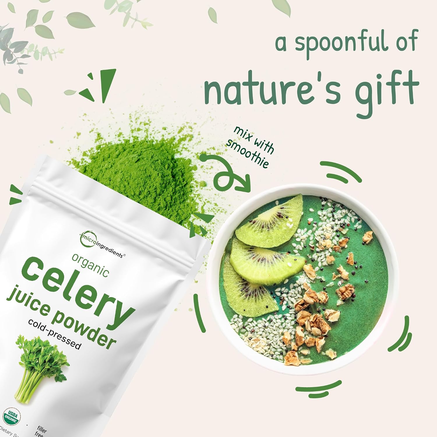 Detalle de Micro Ingredients CE001 Organic Celery Juice Powder, Cold-Pressed, 20 oz, 70 Servings
