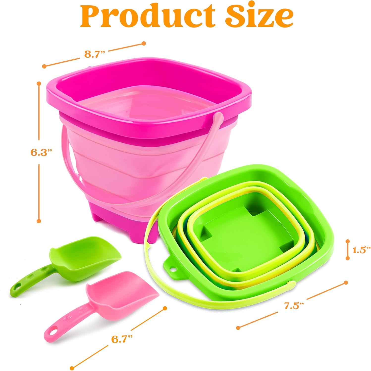 Detalle de Sloosh 3-Pack Collapsible Sand Toys – Square Foldable Pail Buckets with Shovels (Pink/Blue/Green)