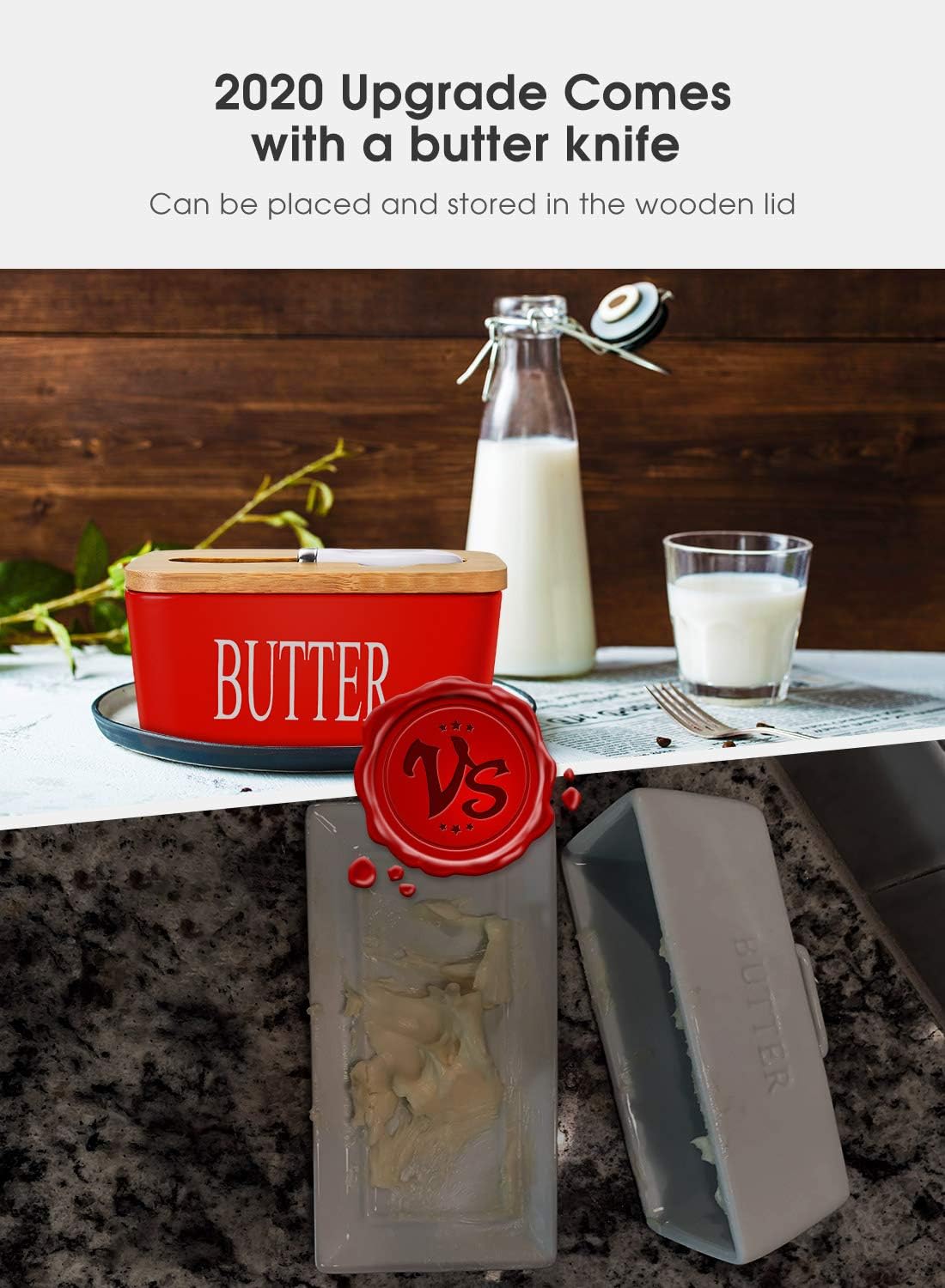 Large Butter Dish with Lid (Porcelain Butter Container with Knife Holds 2 Sticks) – Red