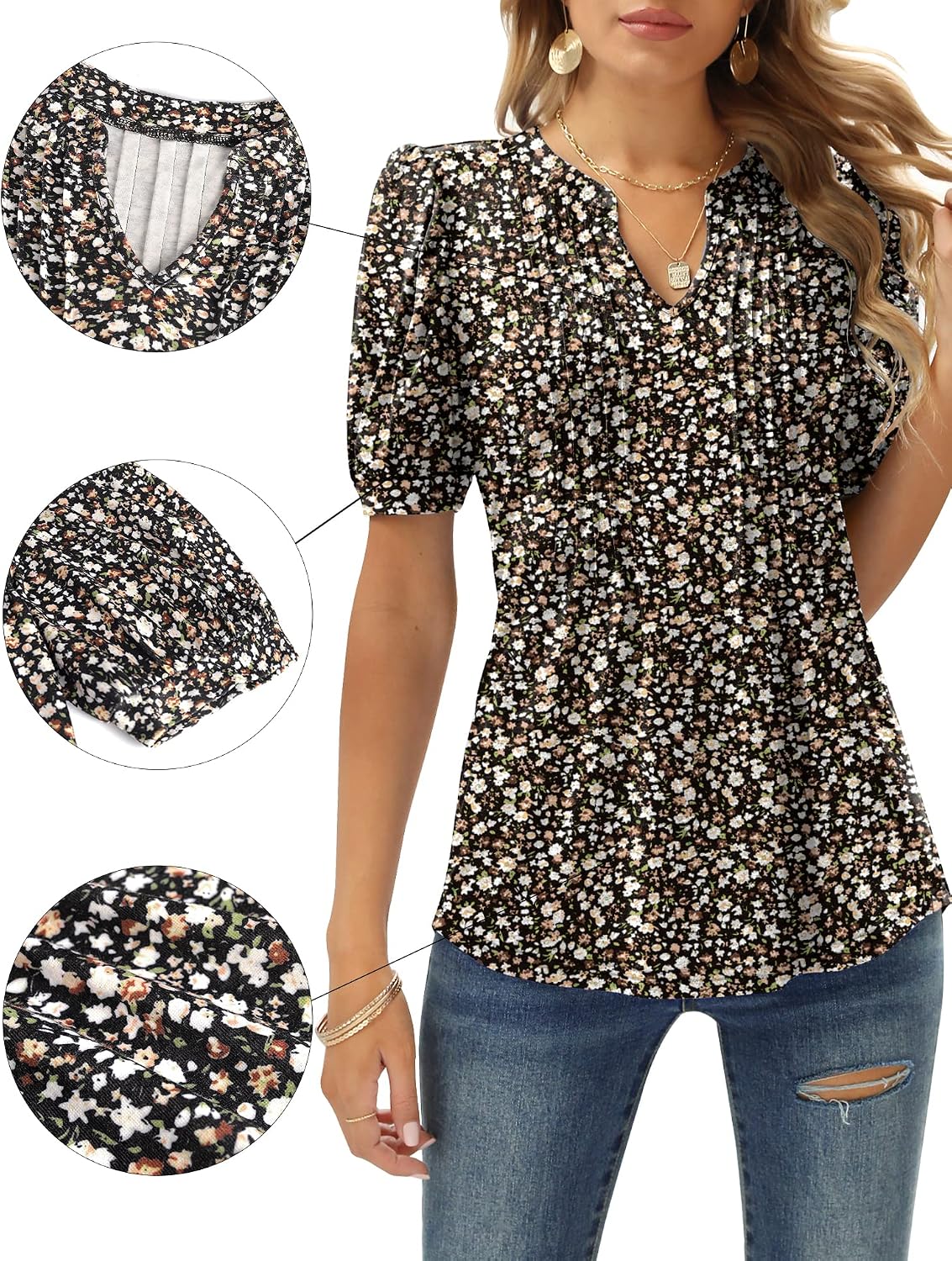 Thumbnail 4 de EFFAN Womens V Neck Puff Sleeve Top