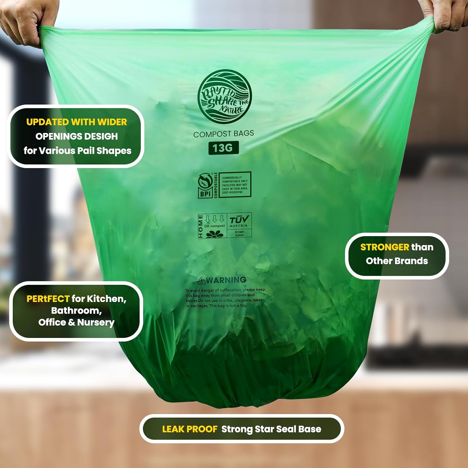 Detalle 2 de RAYTID 13 Gallon Tall Kitchen Compostable Trash Bags (50 Count) – Extra Thick 1.1 Mil, BPI & OK Compost Home Certified
