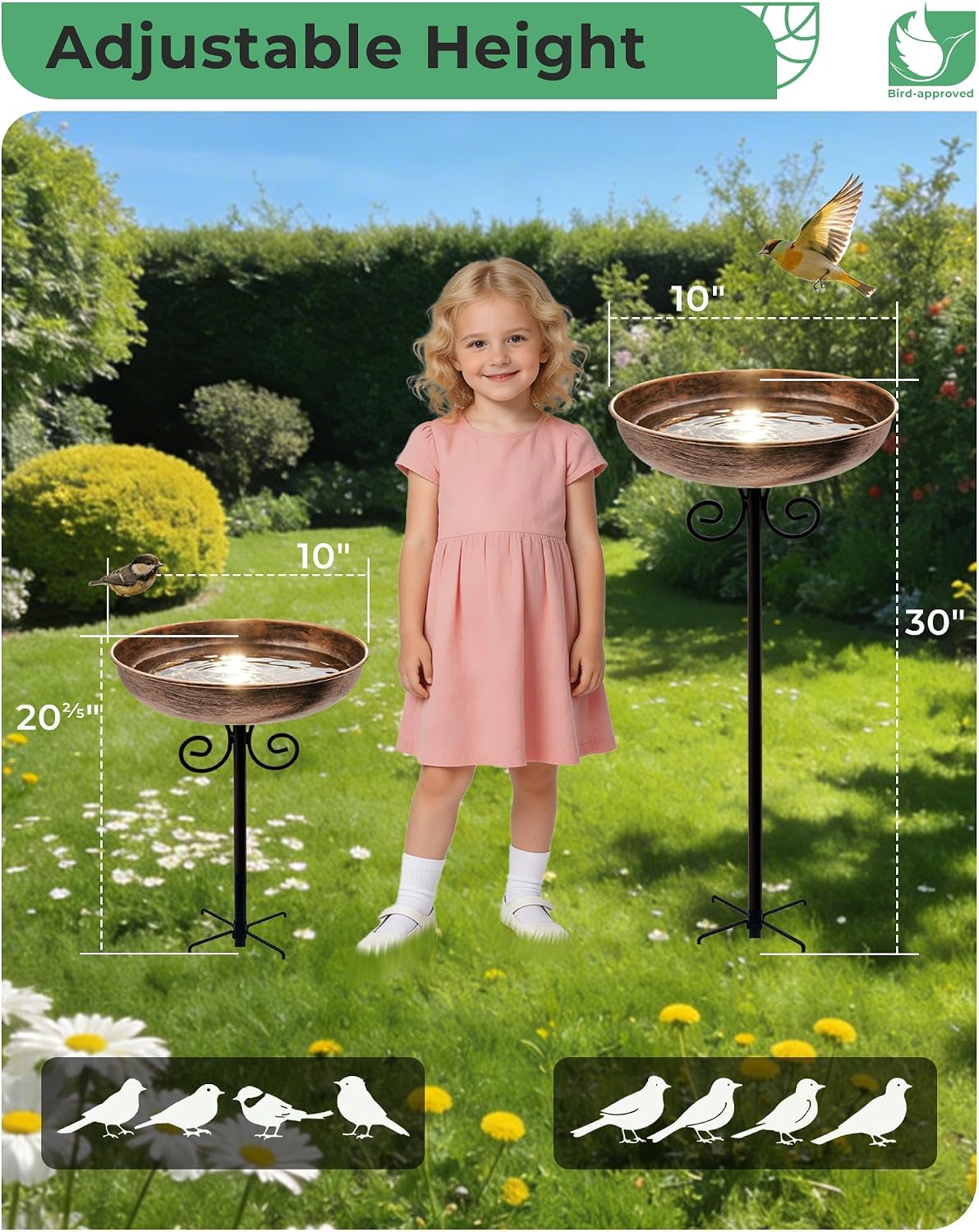 Detalle 2 de OUISJYER 1 10-Inch Metal Bird Bath with 5-Prong Stake, Adjustable Height