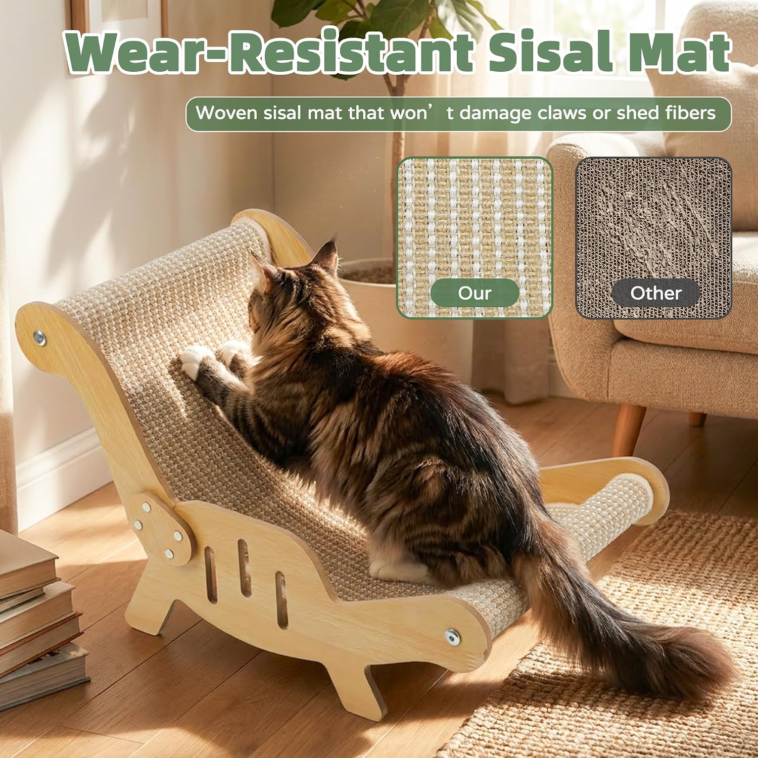 Detalle de Sisal Cat Scratching Board & Beech Wood Lounger: 2-in-1 Cat Scratcher Bed
