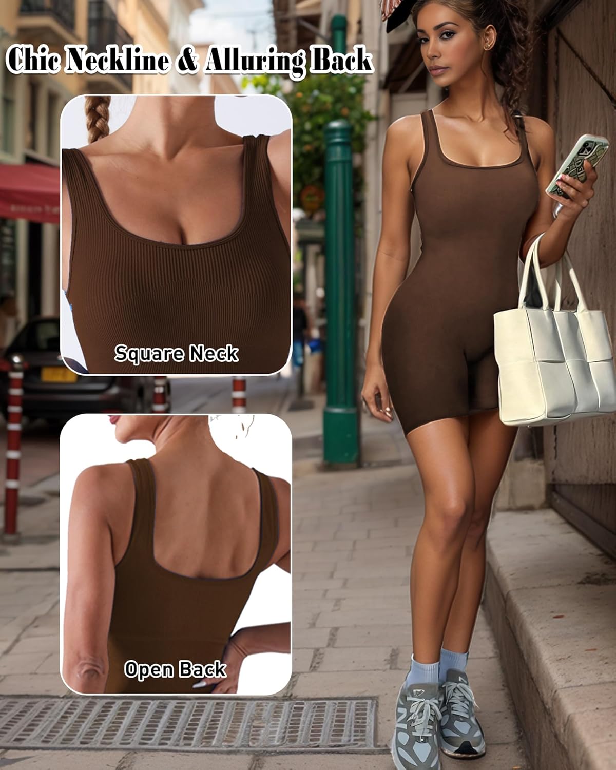 Thumbnail 4 de Merlvida Sport-Jumpsuit für Damen – kurzer, nahtloser Bodycon Overall mit herausnehmbaren Brustpolstern