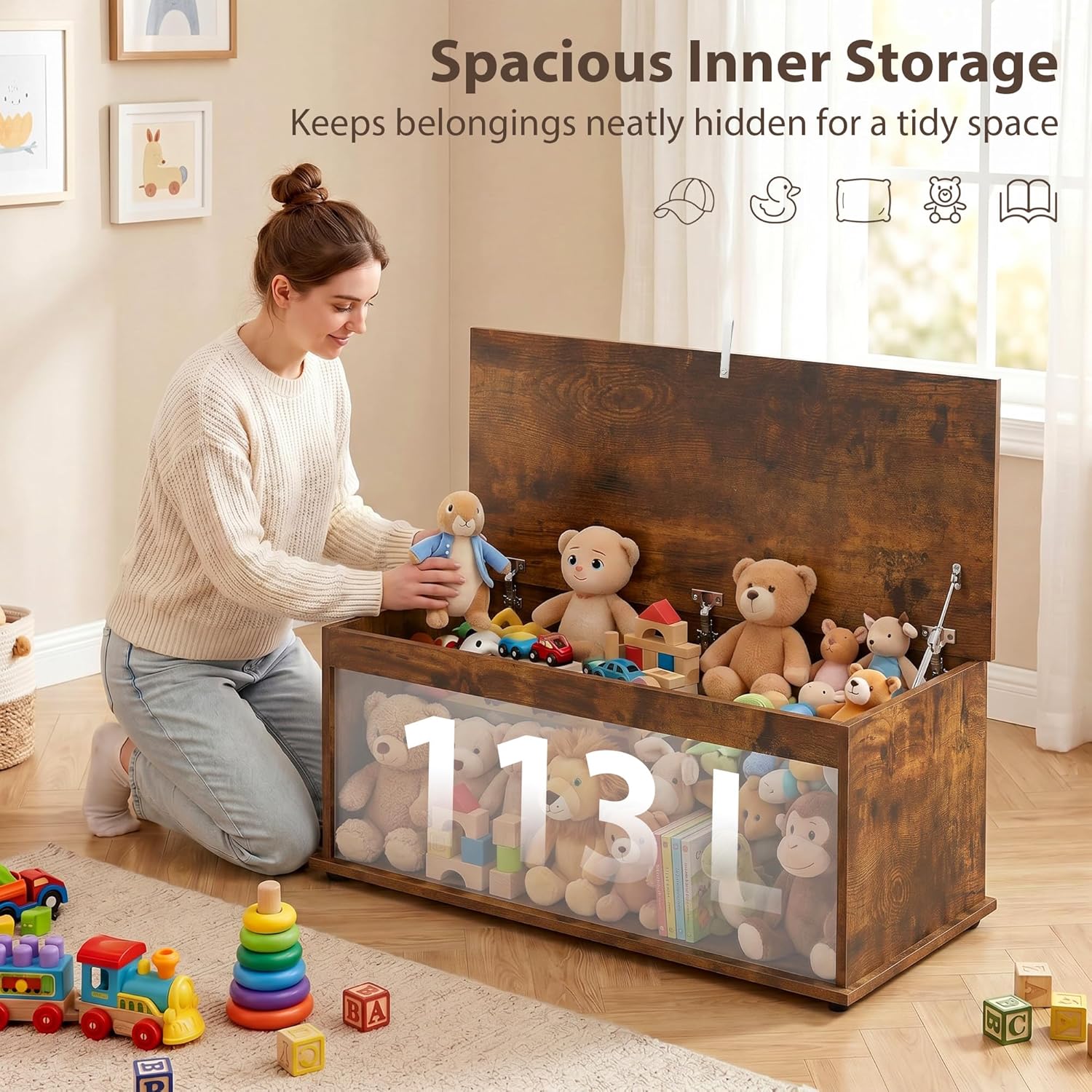 Thumbnail 3 de HOMCOM Large 113L Storage Chest – Rustic Brown Blanket Box & Shoe Bench (100 x 40 x 40 cm)