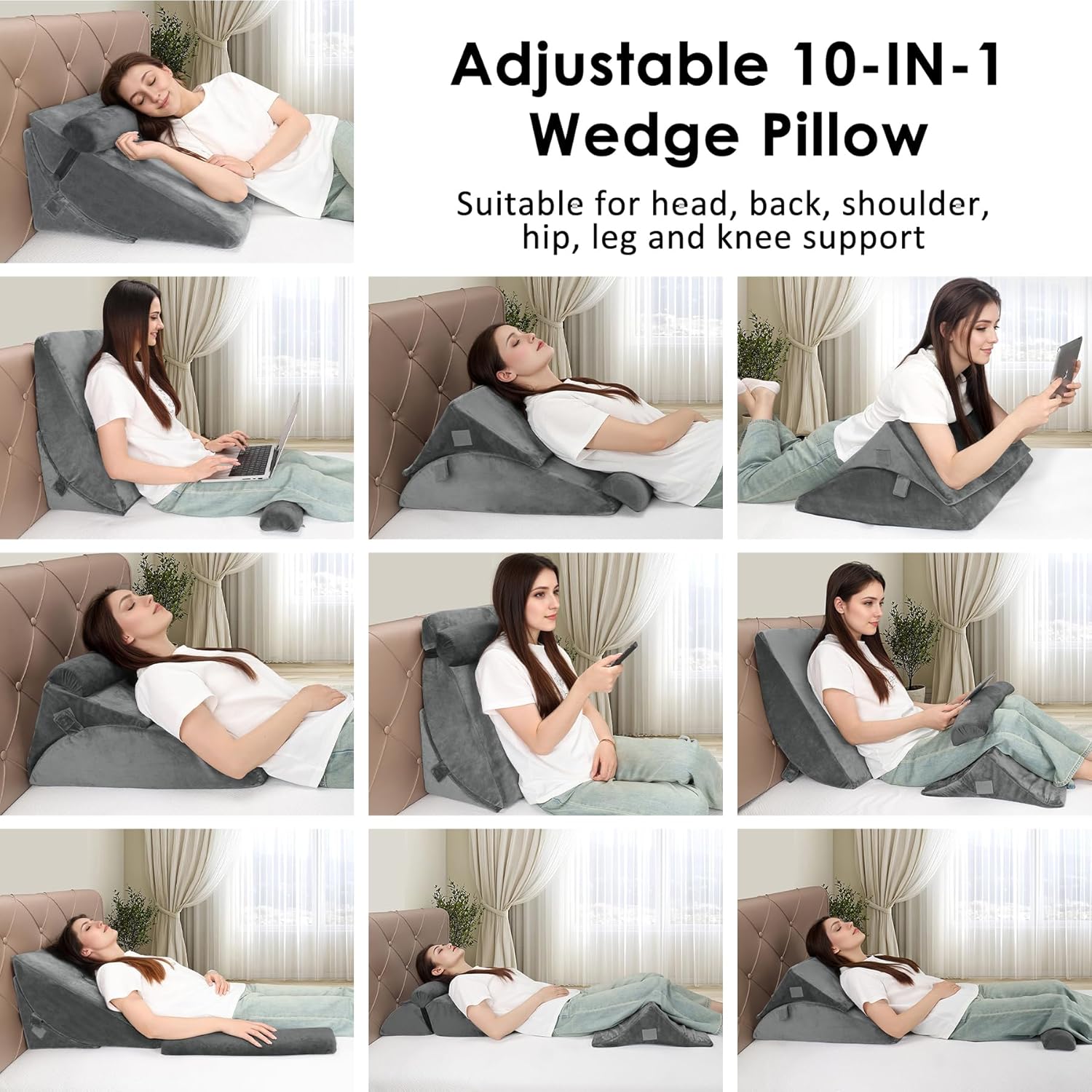Thumbnail 6 de WENRENER Bed Wedge Pillow for Sleeping: Adjustable 3-Piece Foam Wedge Set (Dark Gray)