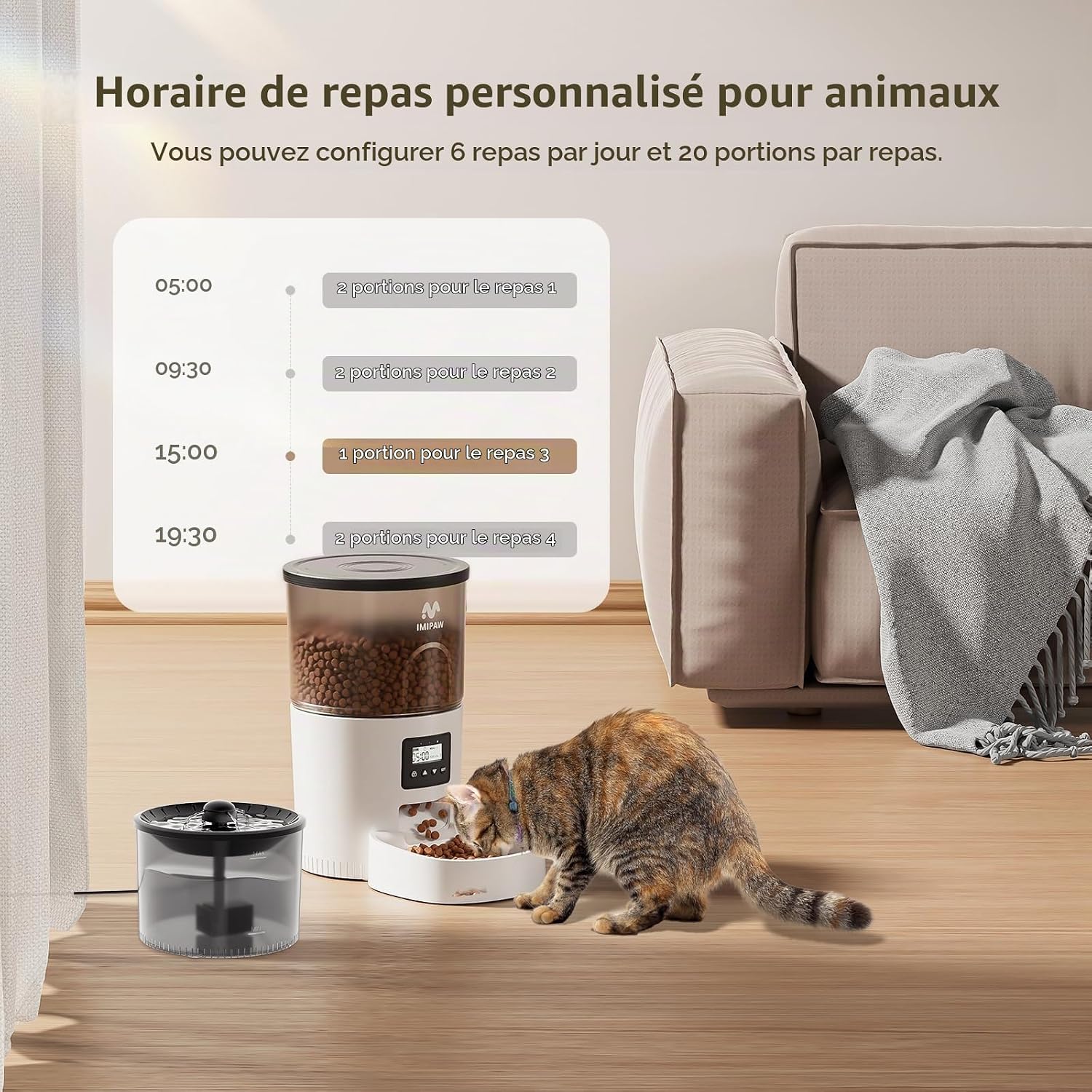 Detalle de IMIPAW automatische droogvoer- en waterdispenser voor katten, programmeerbaar, 3 liter