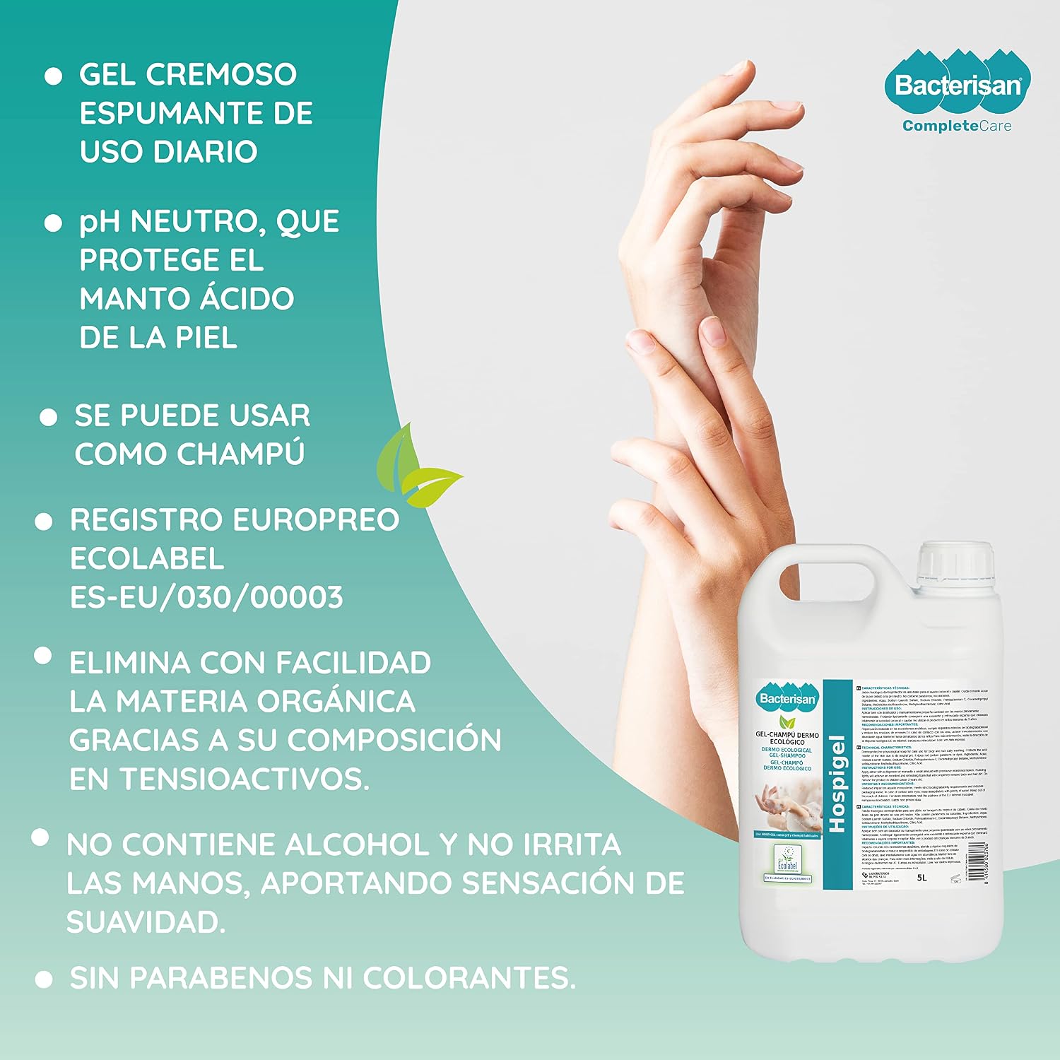 Detalle de BACTERISAN Hospigel 5L: Gel shampoo dermo-ecologico, ph neutro e biologico per uso quotidiano