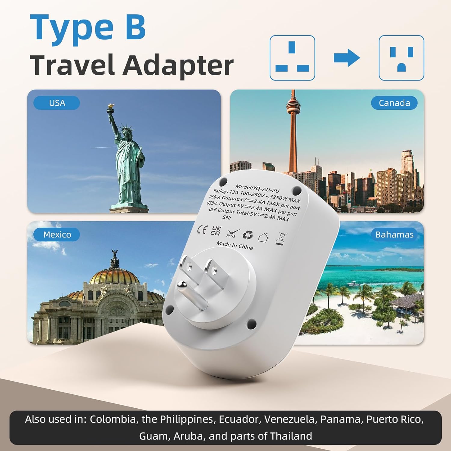Detalle de EINNO UK to US Plug Adaptor 3-in-1 with USB-C & USB-A (Type B) for US, Canada, Mexico and more