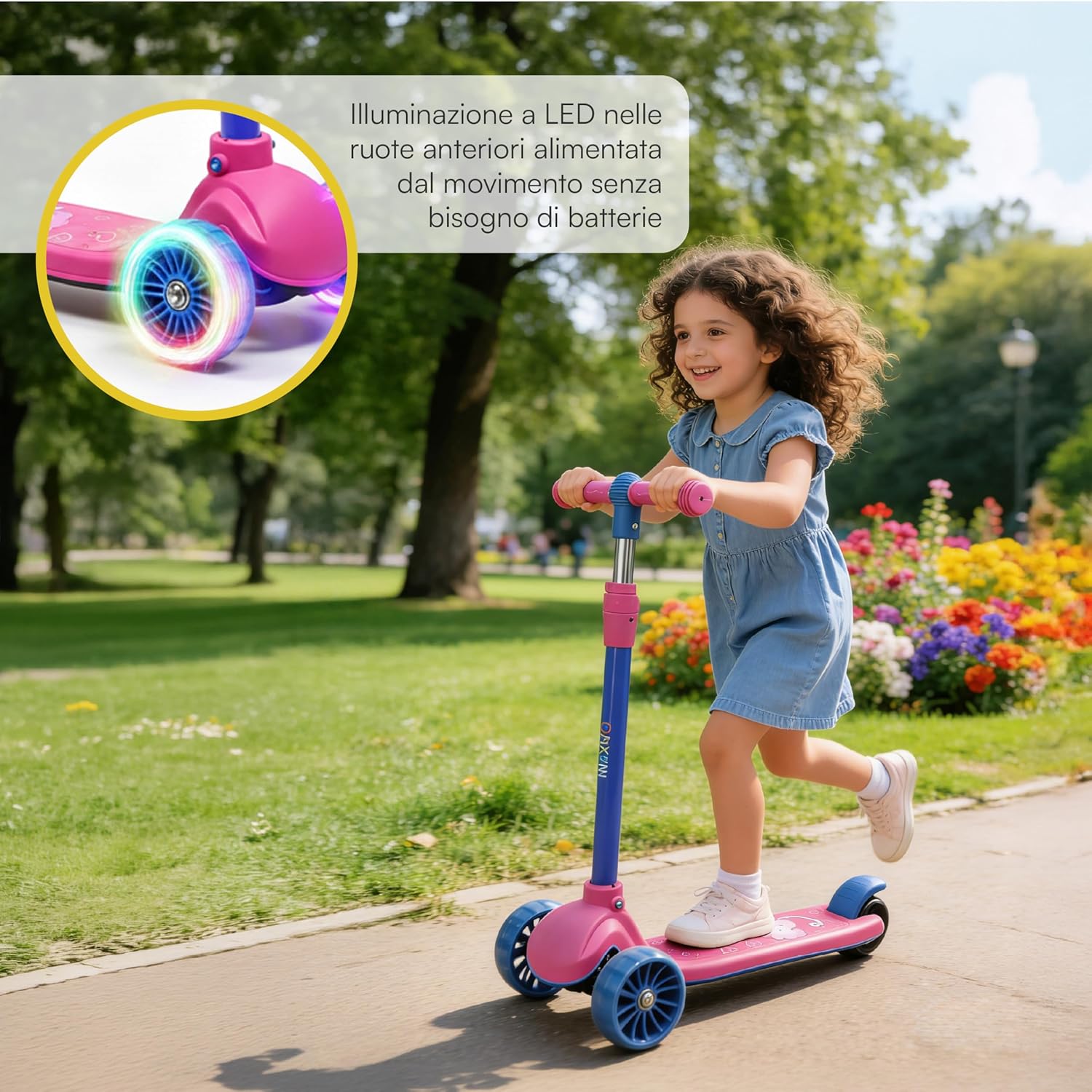 Detalle de Baroni Toys Monopattino a 3 Ruote LED per Bambini dai 3 Anni – Manubrio Regolabile e Freno Posteriore
