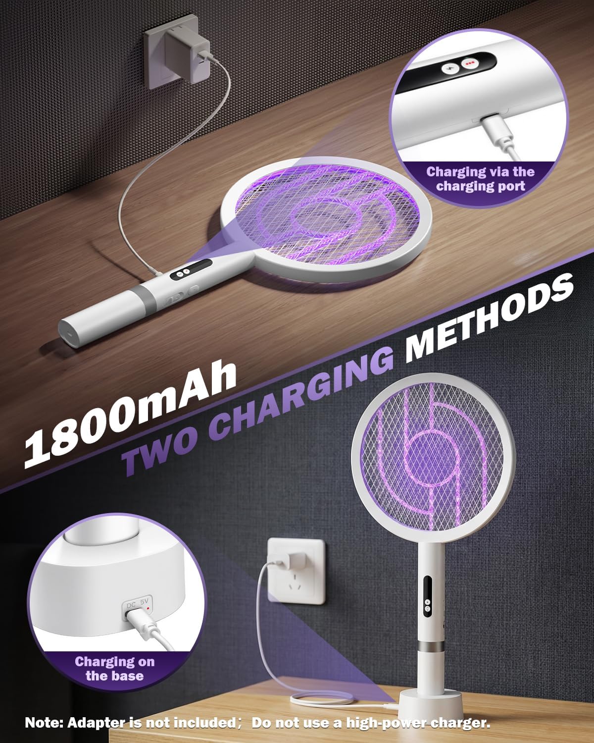 Detalle de Molxss Electric Fly Swatter Rechargeable – 1800mAh, 4000V Mosquito Zapper with USB-C & Charging Base