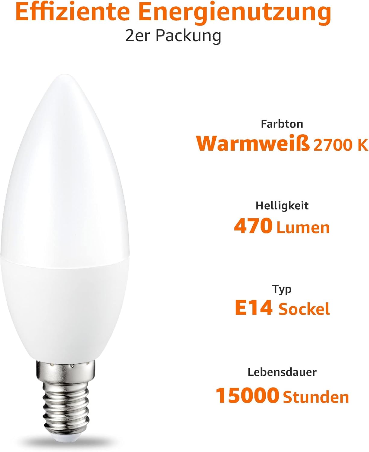 Detalle de Amazon Basics E14 LED Kerzenform – 2er-Set, 6 W, dimmbar, warmweiß 2700 K