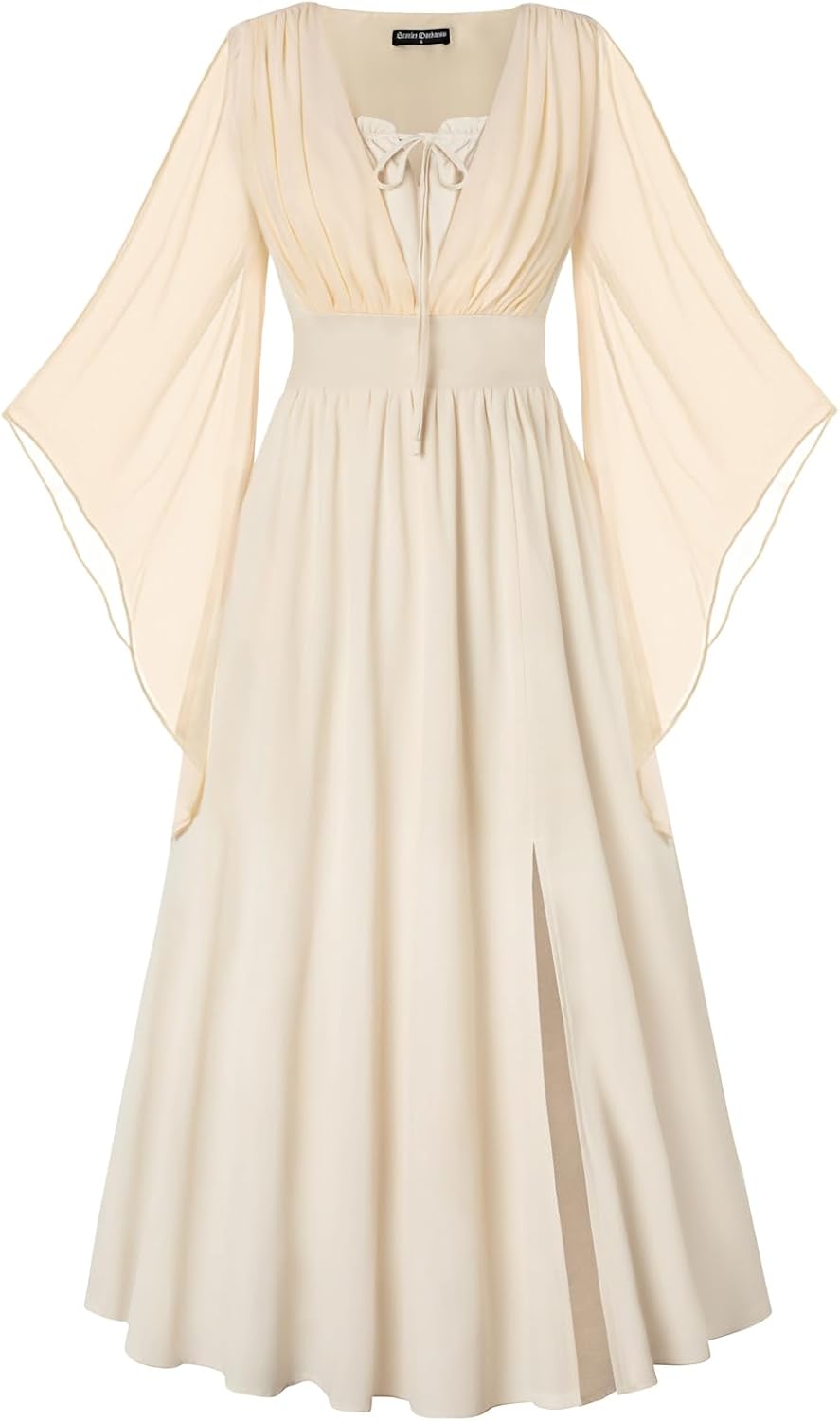Thumbnail 6 de SCARLET DARKNESS Damen Renaissance-Kleid mit V-Ausschnitt, hoher Taille & Schlitz vorne