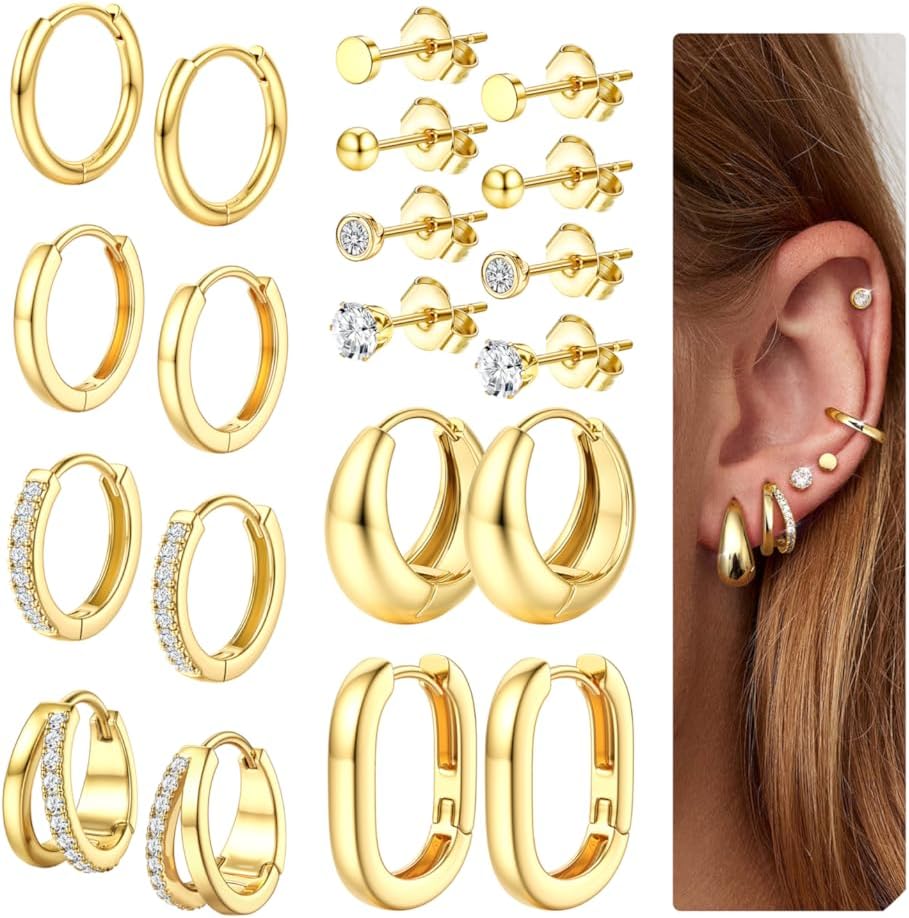 Thumbnail 1 de Dochais Ohrringe-Set (10 Paar) in Gold/Silber: 316L Chirurgenstahl, 14k vergoldet & Zirkonia – für mehrere Piercings