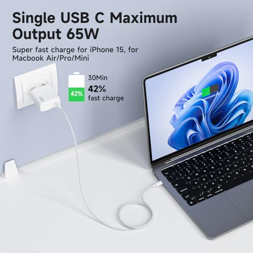 Detalle de Chargeur USB-C 65W Kndaa avec GaN II, PD3.0 et PPS — câble USB-C 2 m – Blanc