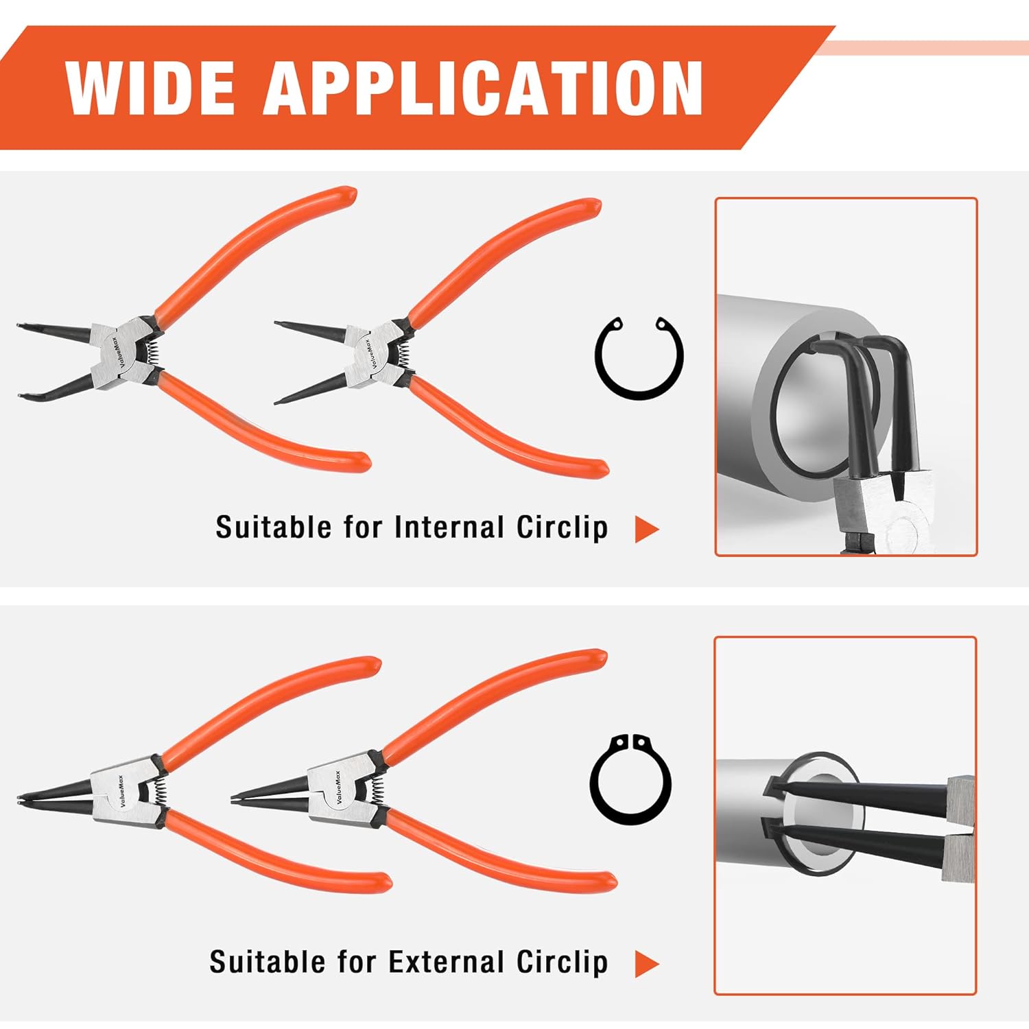 Thumbnail 3 de ValueMax 180mm Circlip Pliers Set – 4‑Piece Internal & External Snap Ring Pliers in Zip Case