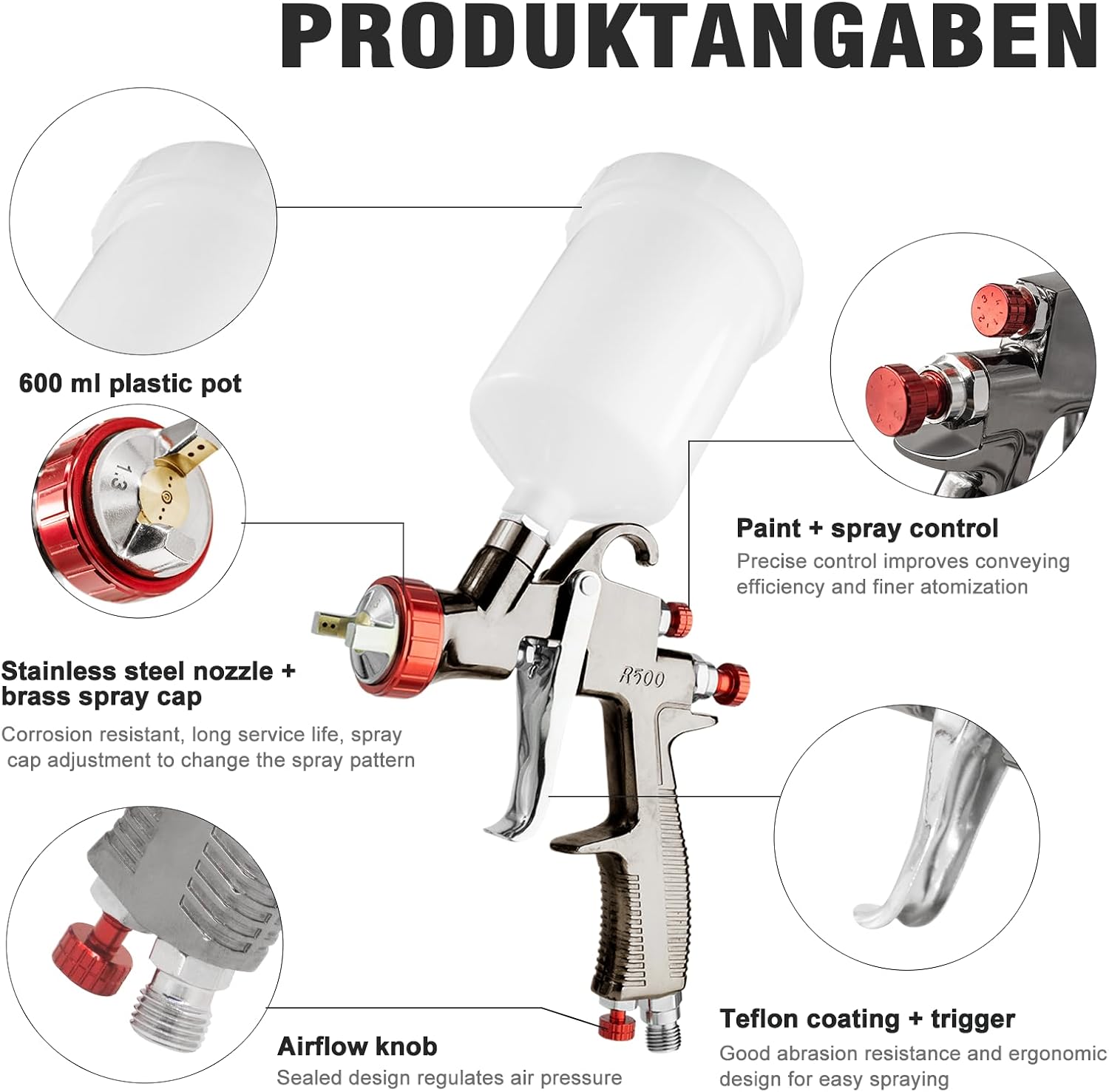 Detalle 2 de R500 LVLP Air Spray Gun 1.3mm nozzle 🎨