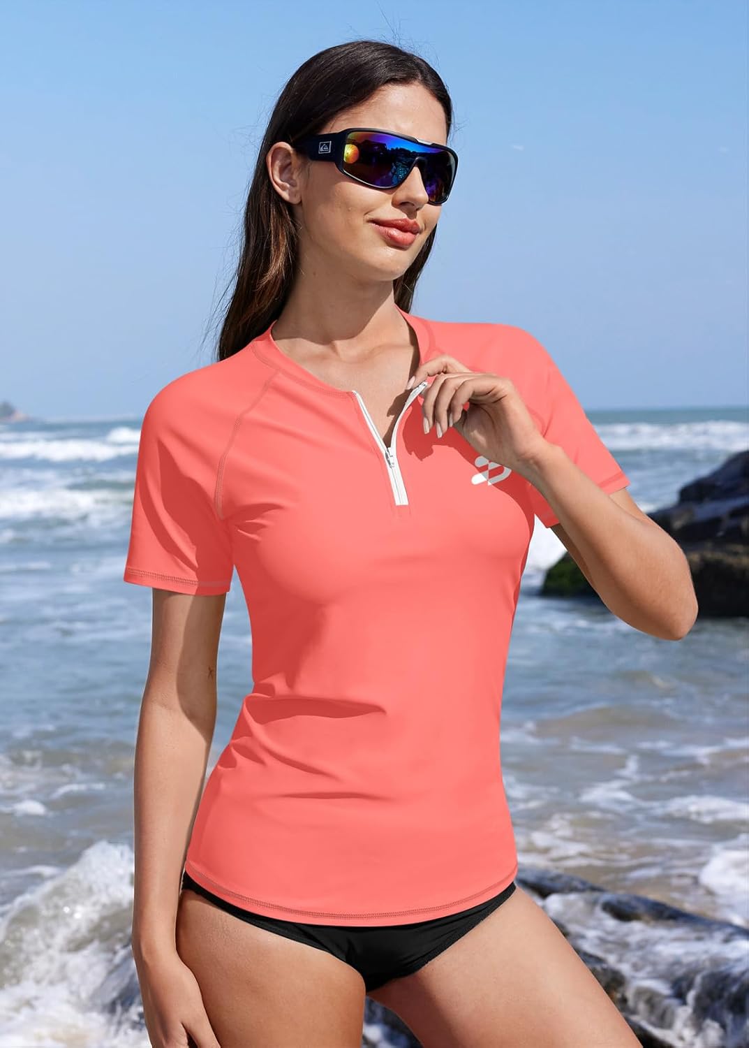 Detalle de BesserBay Damen Kurzarm Surf Shirt 1/4 Zip UV-Schutz – Rash Guard