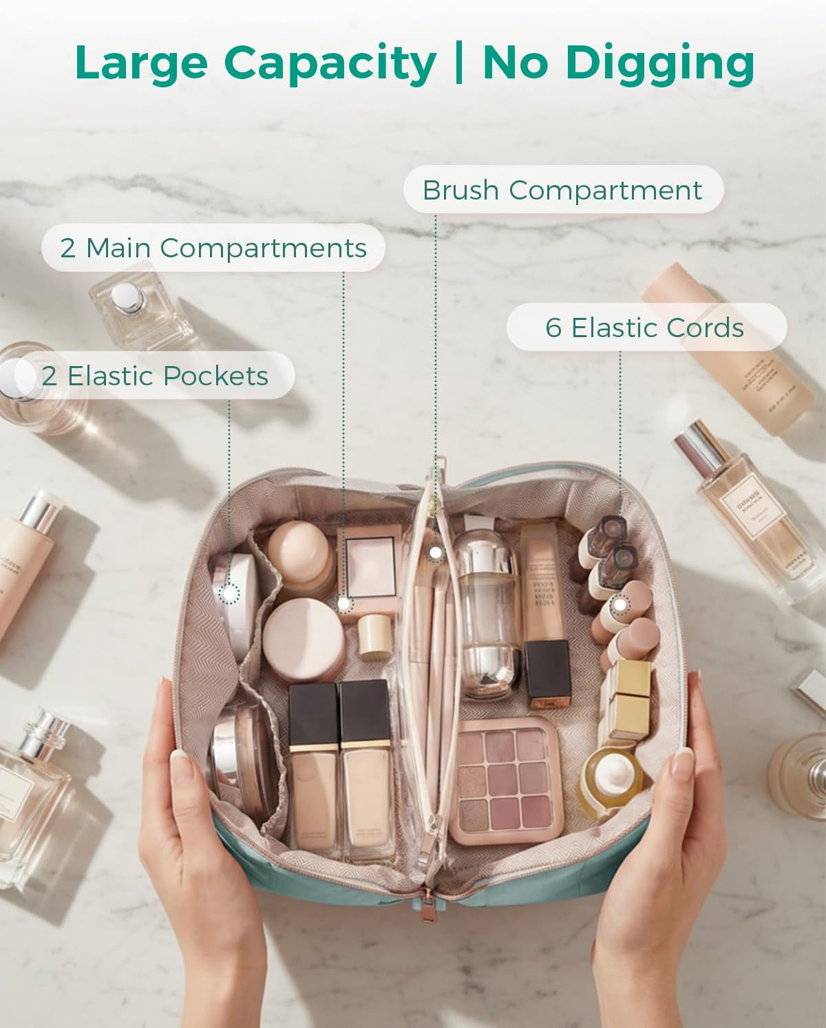 Detalle de Travel Makeup Bag: Large Quilted Cosmetic Organizer with Brush Compartment