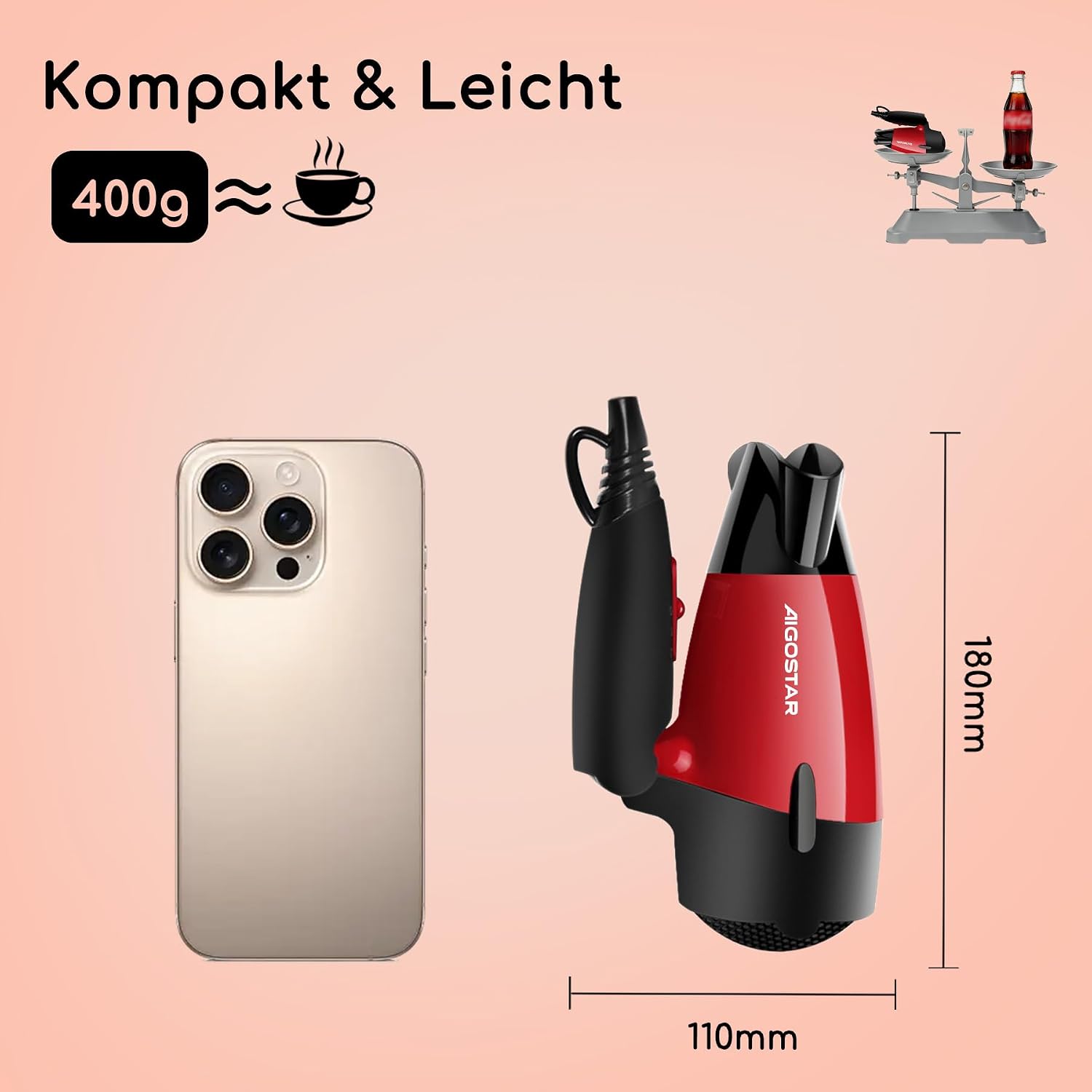Thumbnail 5 de Aigostar Reisefön Klappbar 1500W Rot