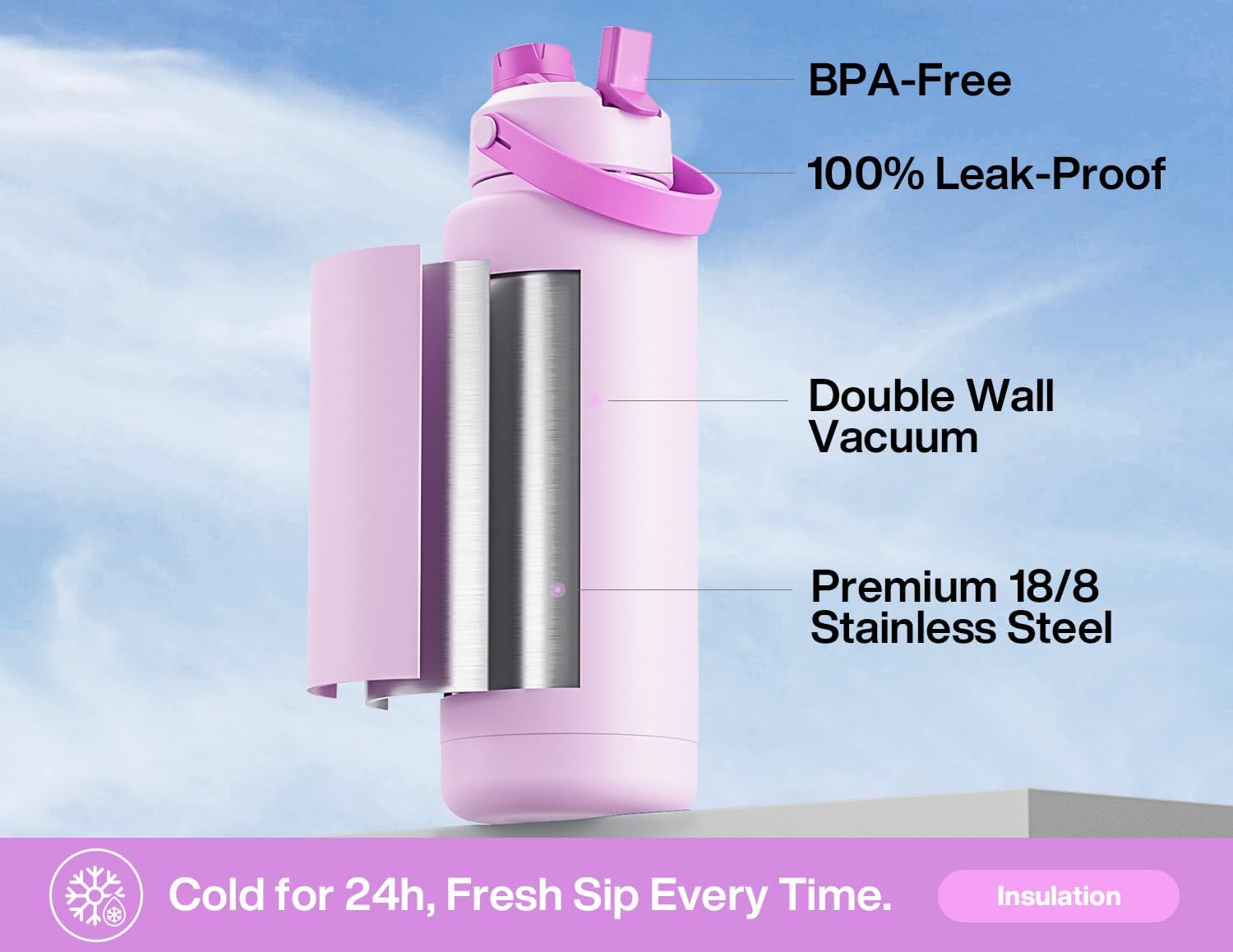 Detalle 2 de POWCAN iwbc-40oz1p-LP Stainless Steel Water Bottle, 1,183 ml, Lilac