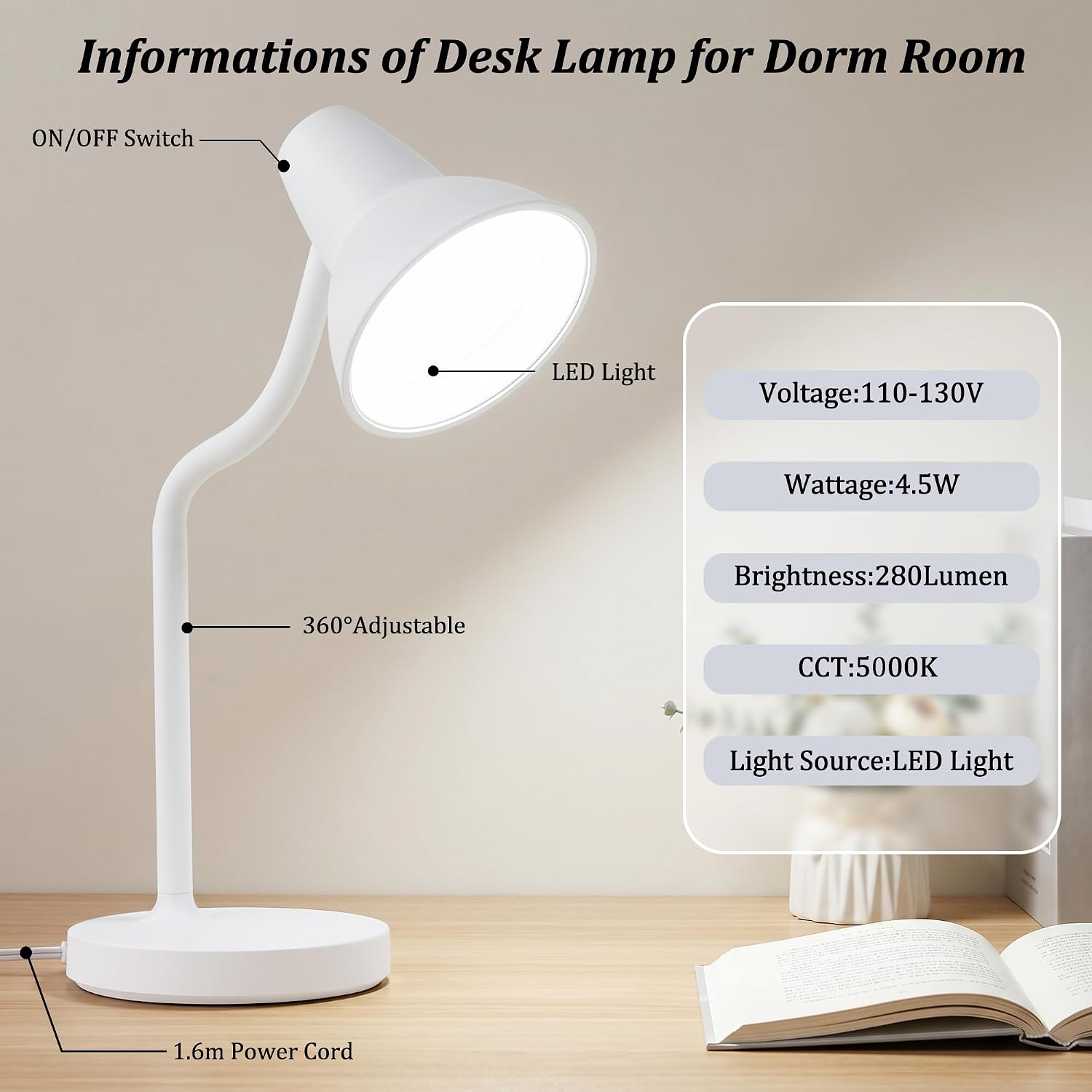 Detalle de GyroVu G-1DL-0468 LED Desk Lamp, 4.5W, Flexible Gooseneck, White
