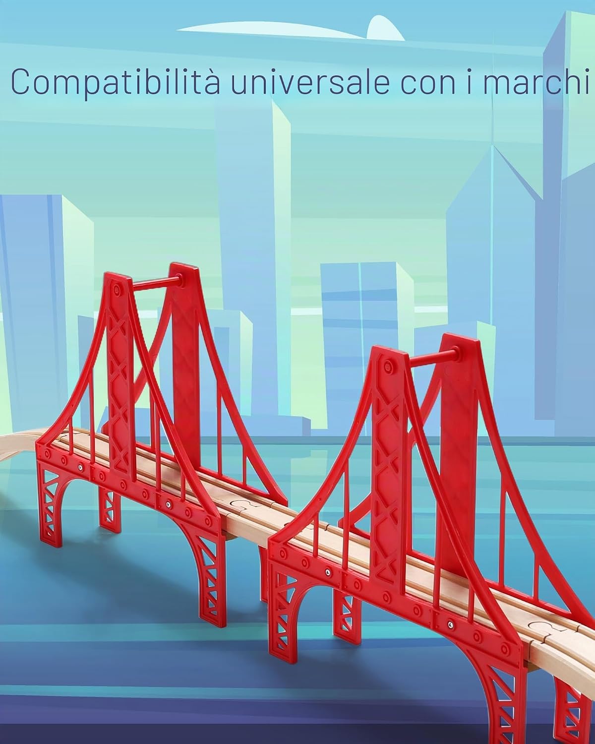 Detalle 2 de SainSmart Jr. Set accessori per treno in legno: ponte sospeso e gru, compatibile Brio, Thomas e Melissa & Doug