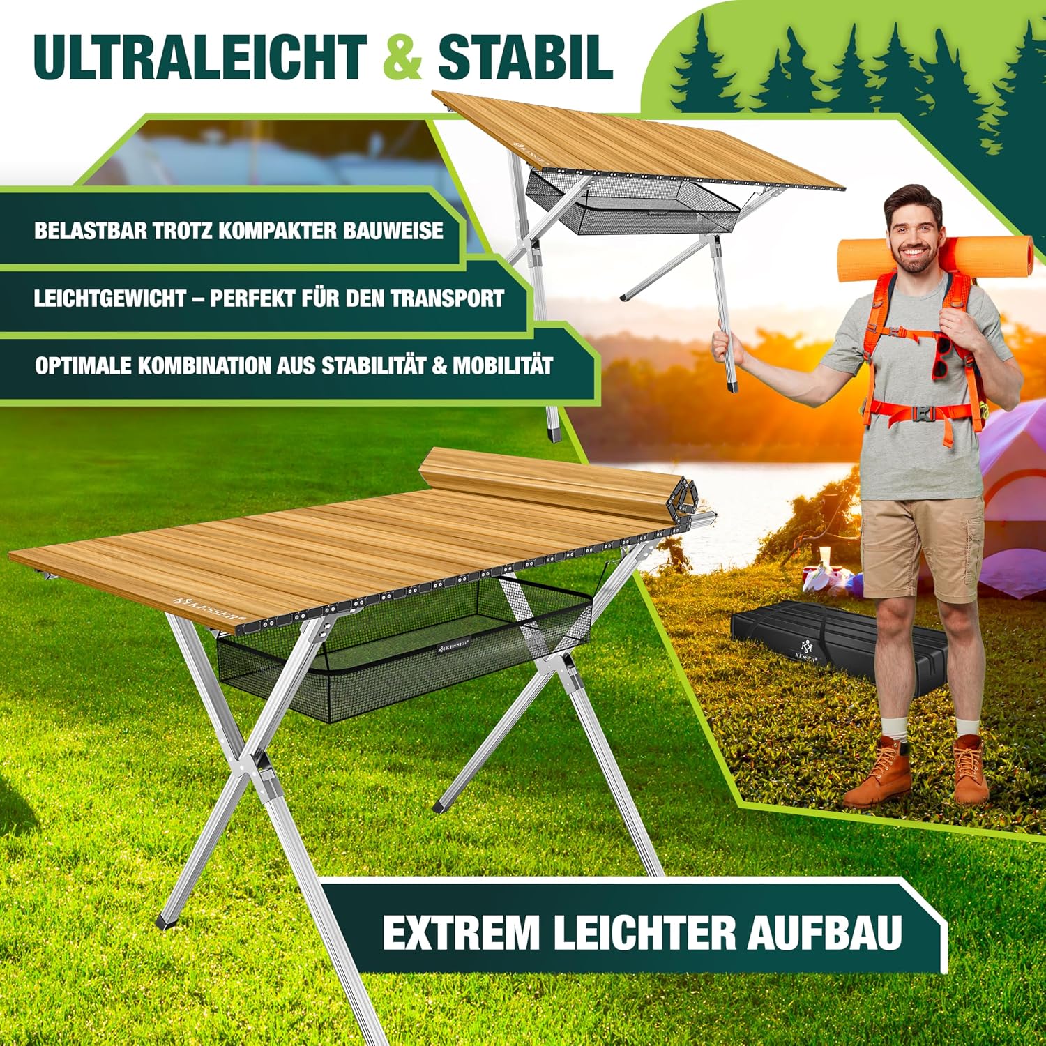 Detalle de KESSER® faltbarer Campingtisch Klapptisch mit Aluminiumrahmen, Holz-Optik, 145 × 70 cm (bis 100 kg) inkl. Tragetasche