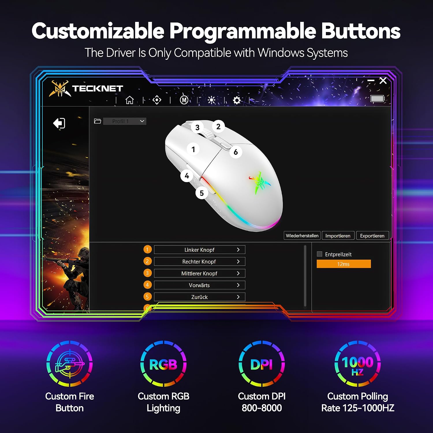 Thumbnail 3 de TECKNET Wireless Gaming Mouse with 8000 DPI: Lightweight, Long Battery Life and 6 Programmable Buttons