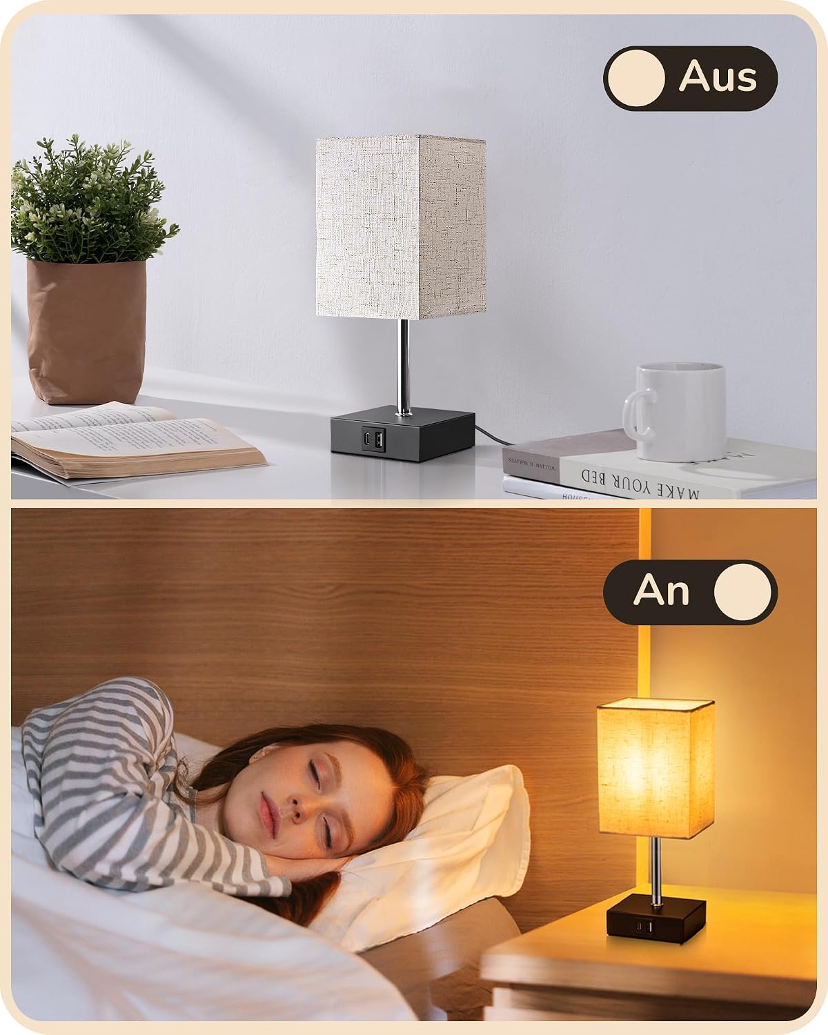 Detalle de EDISHINE LED Nachttischlampe Touch dimmbar im 2er-Set mit USB (Type-A & Type-C) – beige