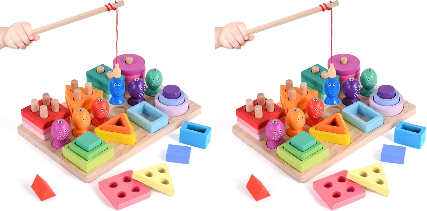 Thumbnail 6 de Hoiloie Montessori-Spielzeug ab 1 Jahr (3-in-1) aus Holz: Farb- & Formsortierer, Stapelspiel und Angelspiel mit 28 Klötzen