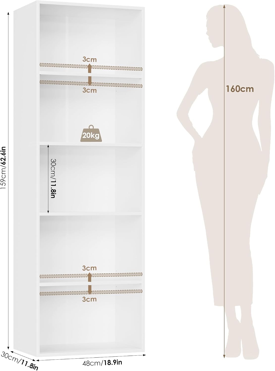 Detalle de FirFurd P712 5-Tier Bookcase, White, with Adjustable Shelves
