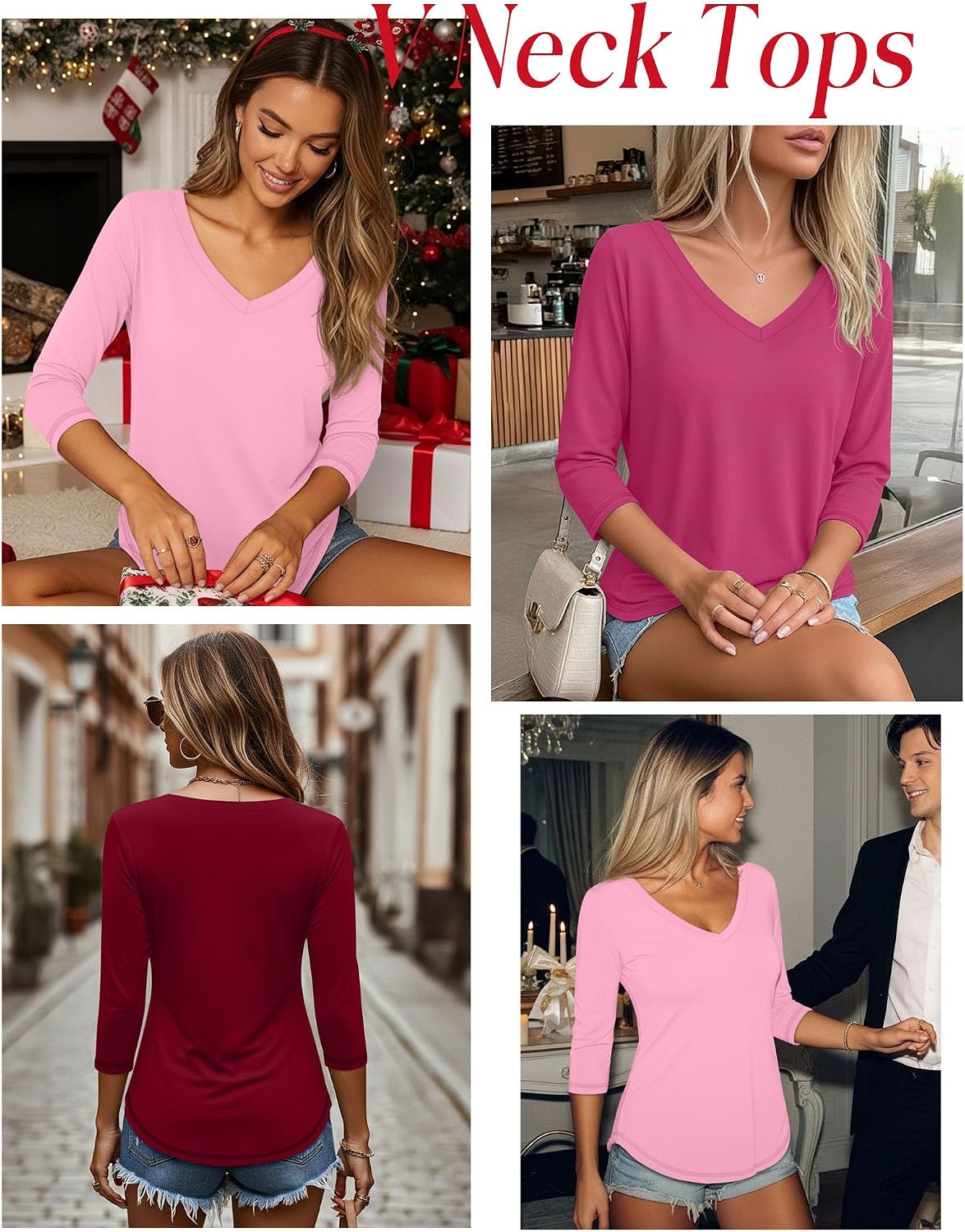 Thumbnail 4 de Ficerd 3 Pack Women's 3/4 Sleeve V-Neck T Shirts - Loose Fit Casual Tees