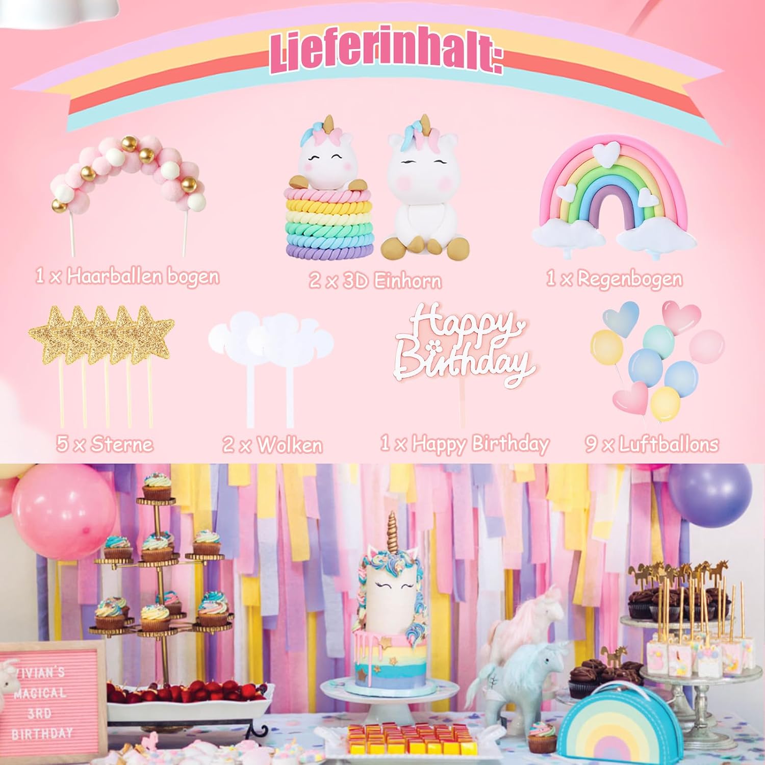 Detalle de AOTWAN Einhorn Tortendeko 21 Teile Kuchen