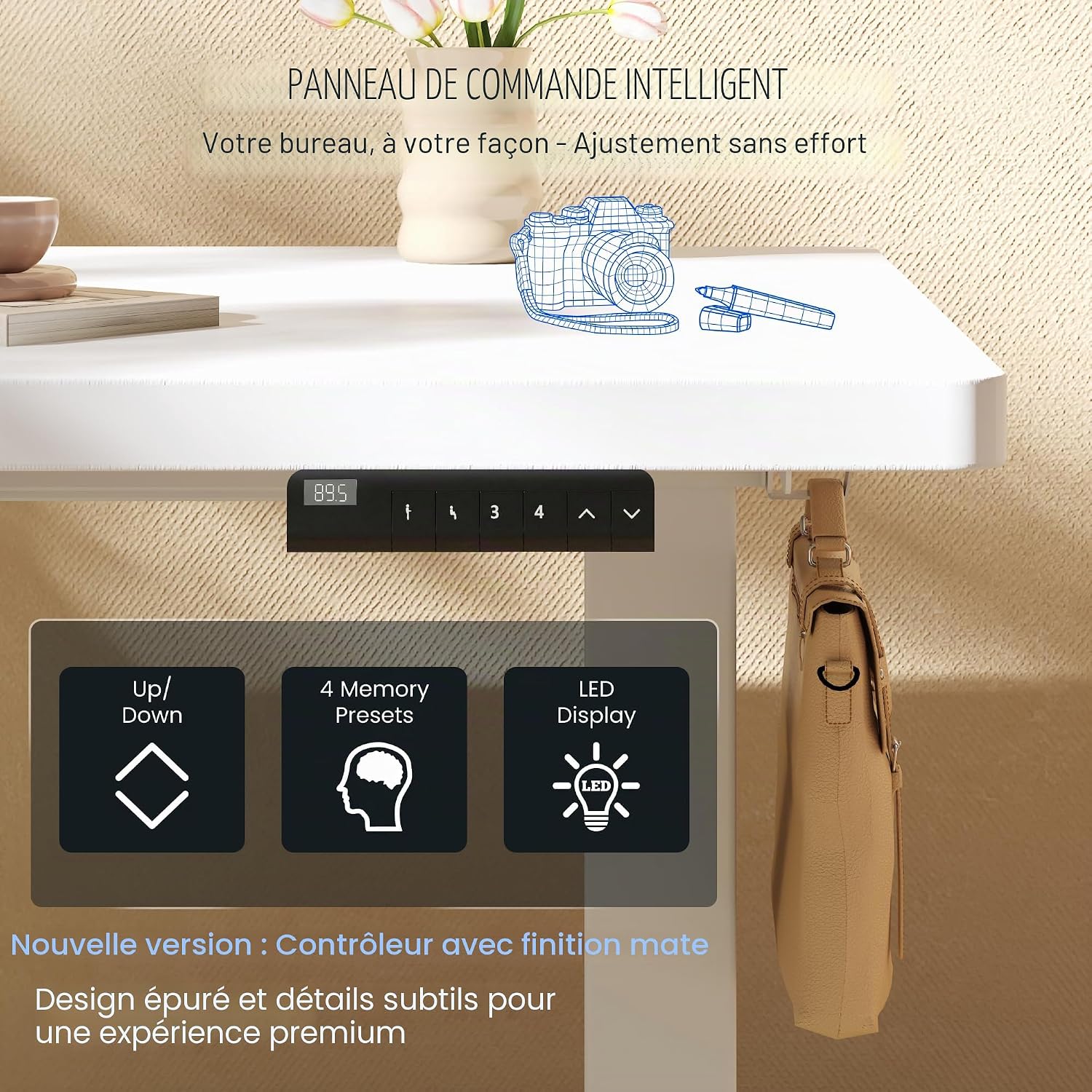 Detalle de FLEXISPOT Bureau Assis-Debout 2 Moteurs 140x80, Hauteur 70–119 cm, Charge 100 kg, Mémoire 4-positions