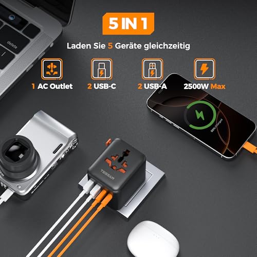 Detalle de TESSAN Reiseadapter Weltweit mit 2 USB-A und 2 USB-C - Schwarz