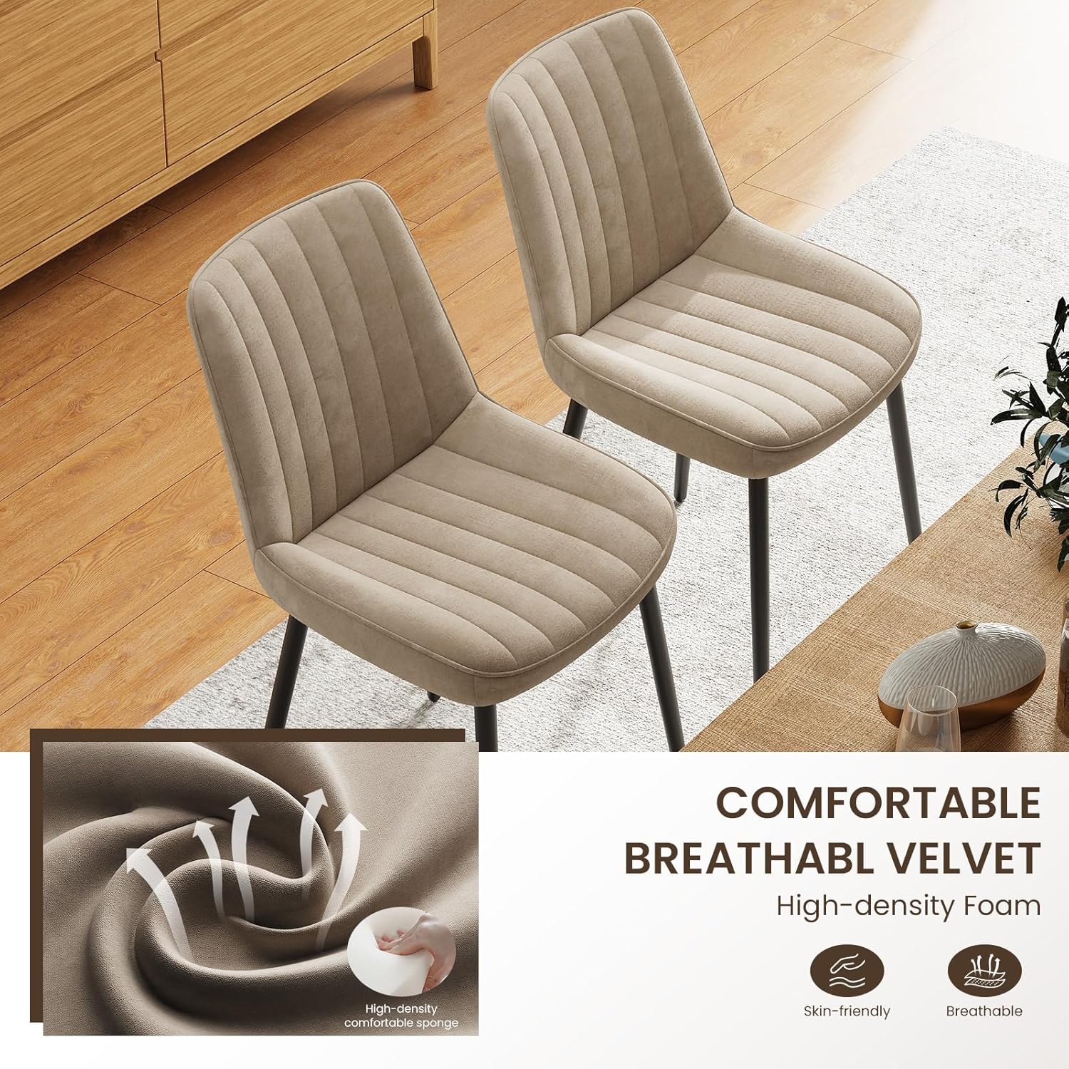 Detalle de COLAMY Velvet Dining Chairs Set of 6: Khaki Upholstered Dining Chairs with Velvet Fabric and Metal Leg Frames