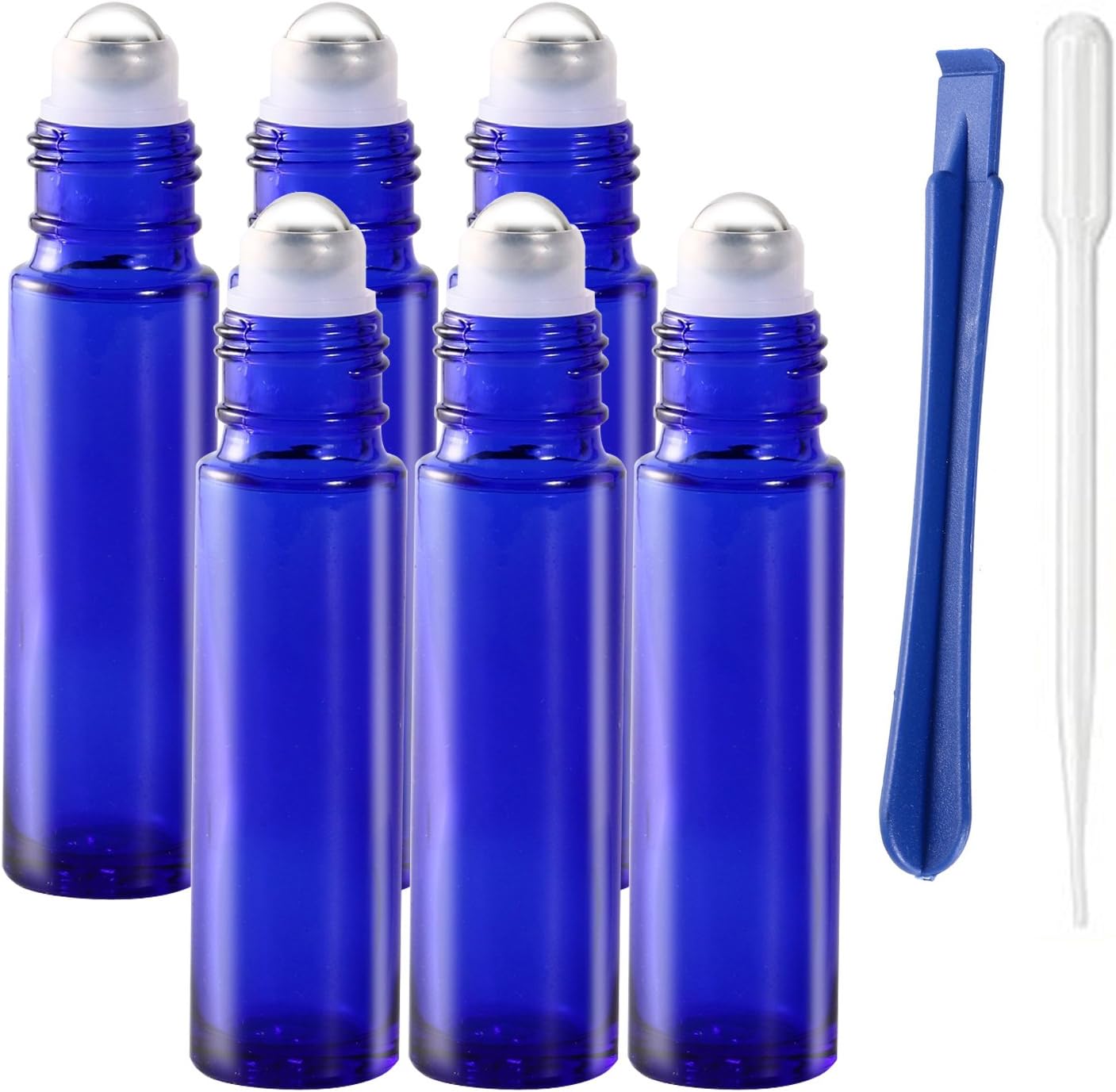 Detalle de JamHooDirect 6 x 10ml Cobalt Blue Glass Roller Bottles with Stainless Steel Roller Ball (Refillable)