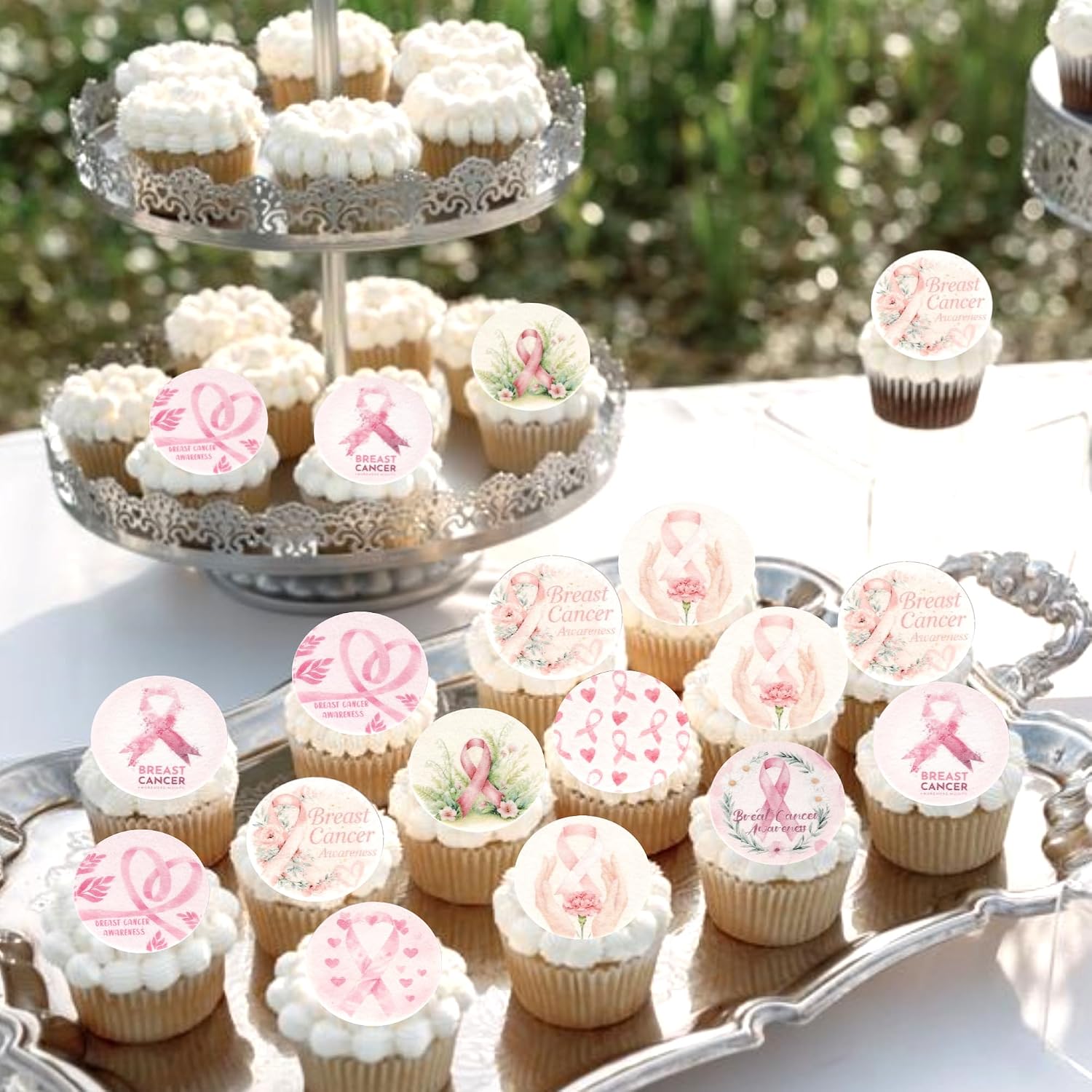 Detalle de Xsstarmi 64-Pack Breast Cancer Awareness Edible Cupcake Toppers