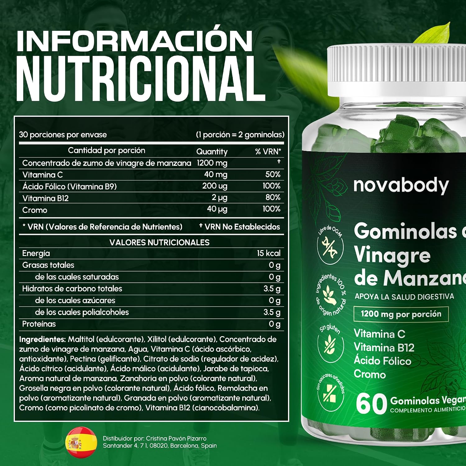 Detalle 2 de Gominolas de Vinagre de Manzana 1200 mg — Novabody (60 gummies)