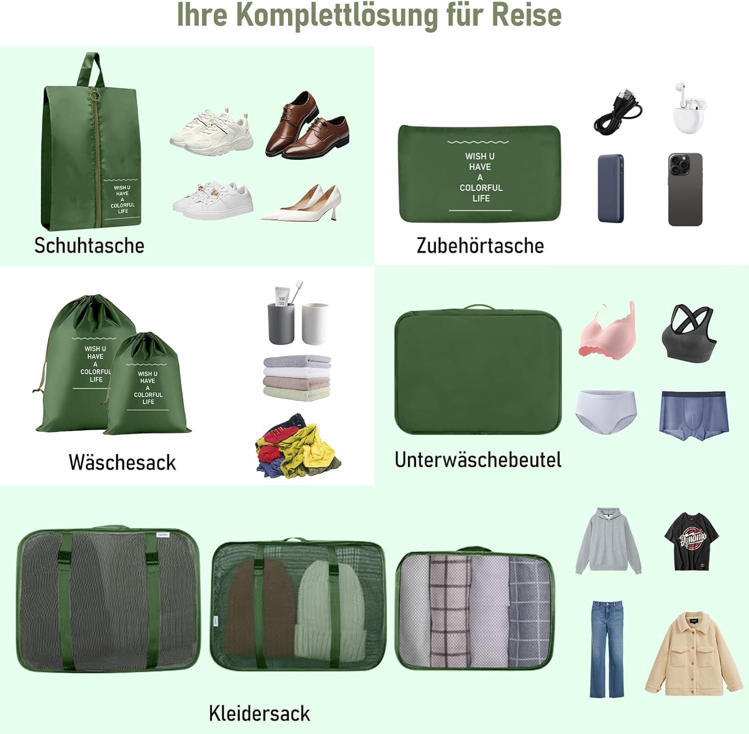 Thumbnail 3 de Koffer Organizer Set mit 10 Packing Cubes (olivgrün) – Reise-Organizer für Koffer, Schuhe & Wäsche