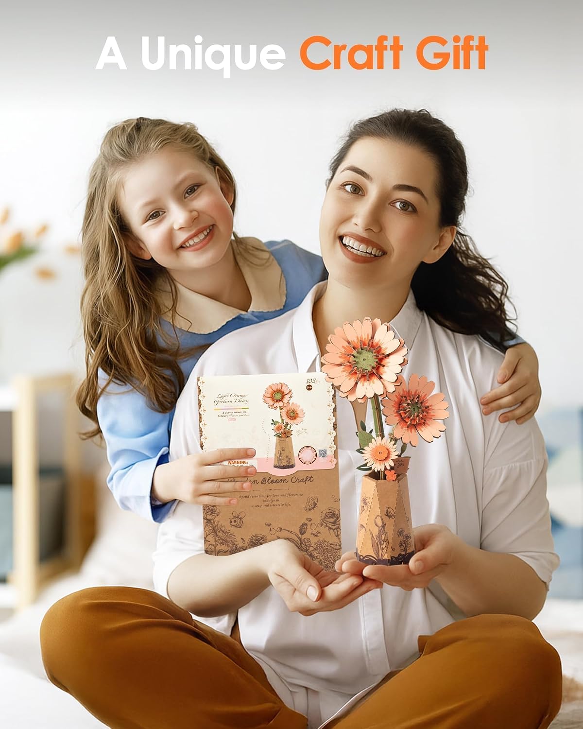 Detalle de ROBOTIME 3D Wooden Flowers Puzzle Light Orange Gerbera Daisy – DIY Kit for Adults
