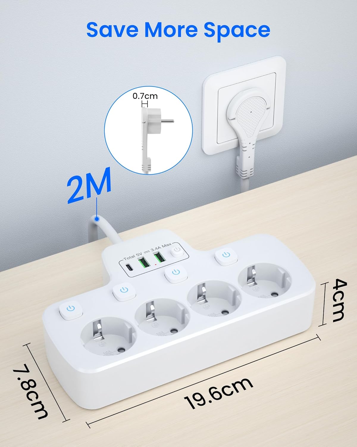 Detalle de Ciabatta Multipresa con Interruttori Indipendenti, 4 prese Schuko + USB (USB-C) – 2 m, design sottile, Bianca