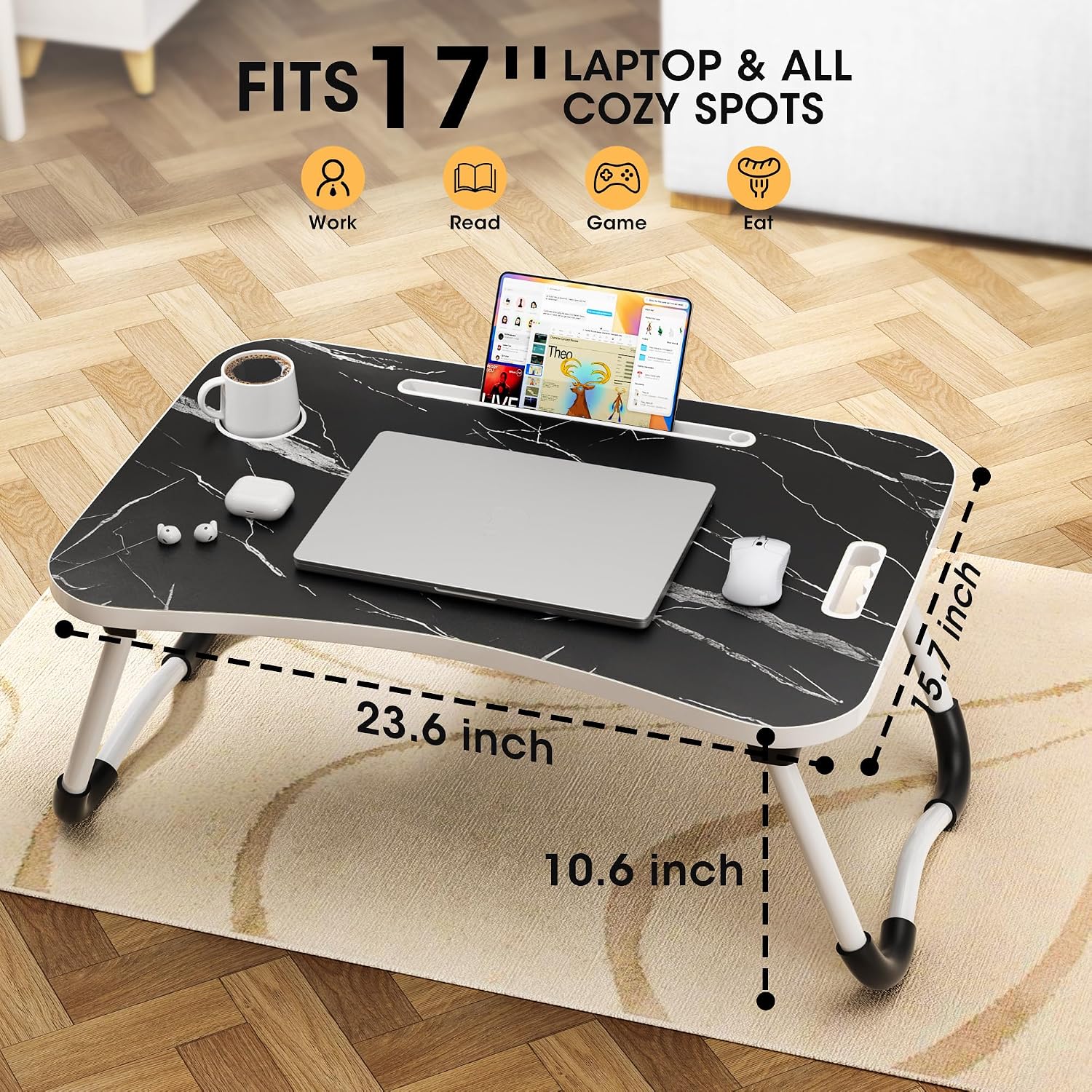 Detalle 2 de Frpufi LD007 Folding Lap Desk, 23.6-Inch Wood Table with Cup Holder, Dark Black