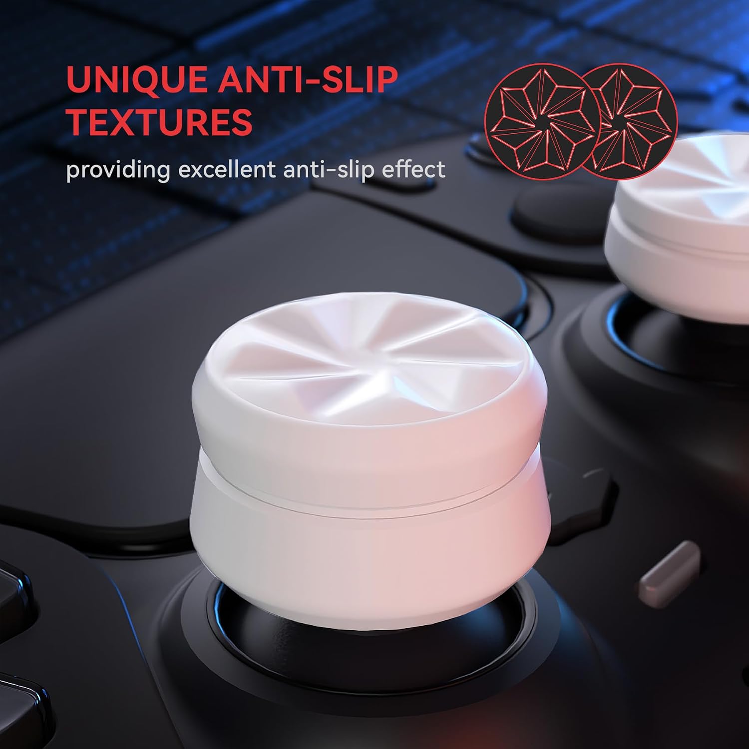 Detalle de PlayVital 3 Height Hurricane thumb grips caps (white) for PS5, PS4, Xbox and Switch Pro controllers
