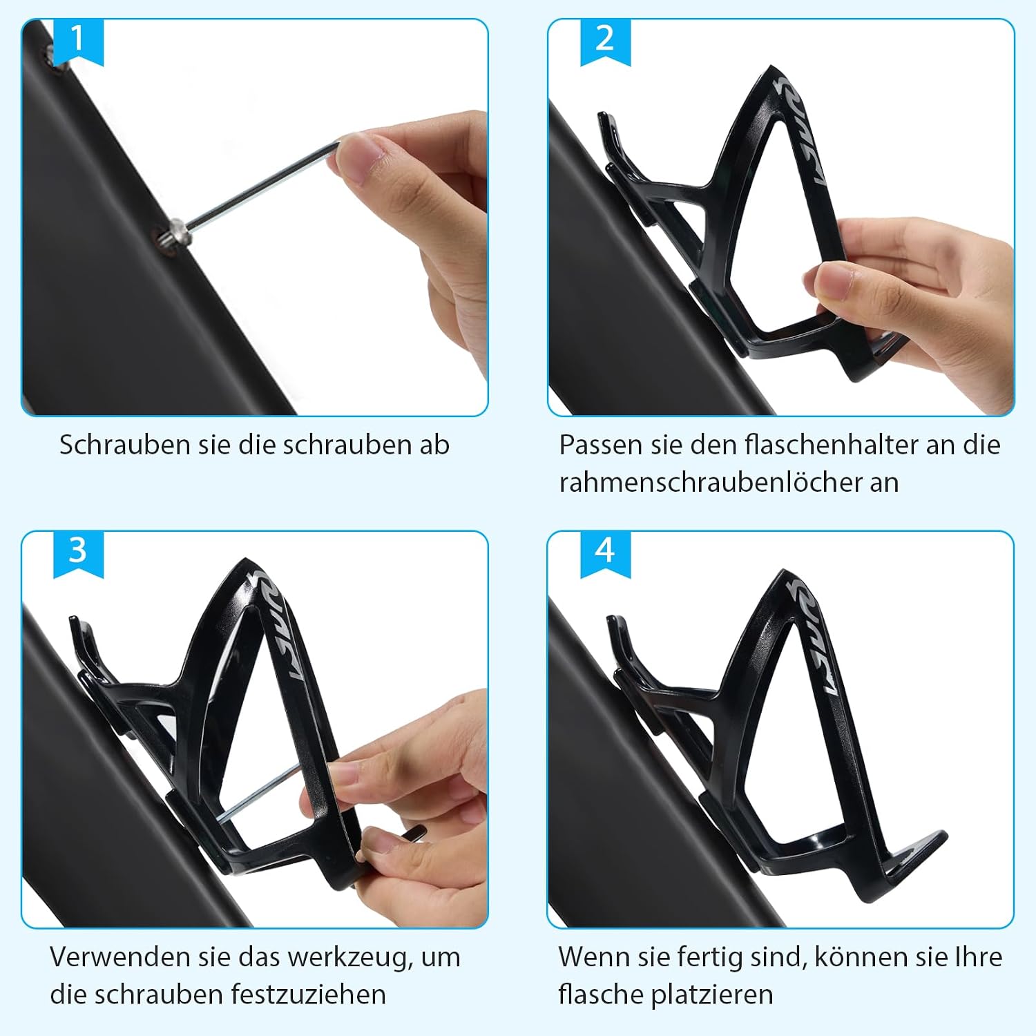 Detalle de Elalove 2er Set Flaschenhalter Fahrrad – universeller, leichter PC-Flaschenhalter für 0,5–1,1 l Flaschen (Schwarz)